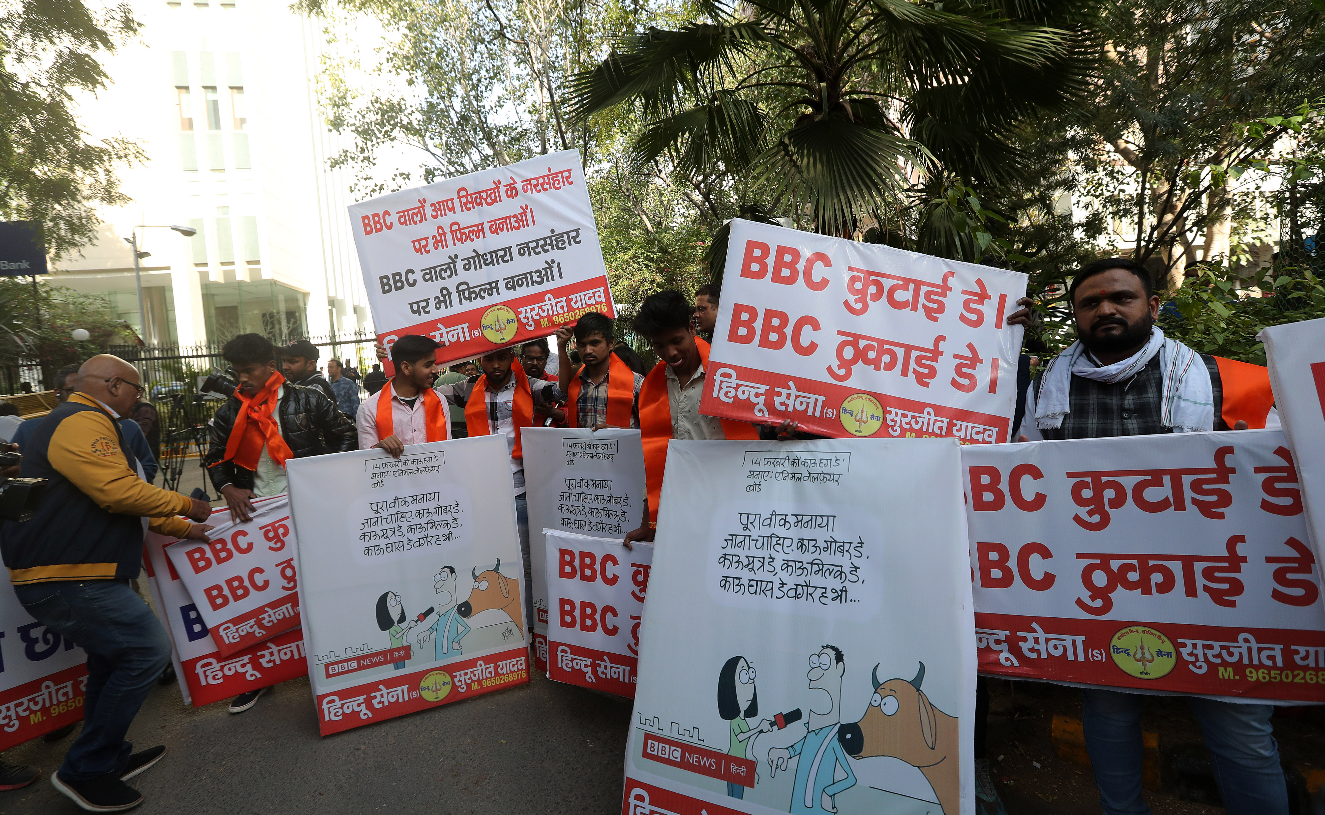 Activists of right-wing organization Hindu Sena protest against BBC in New Delhi