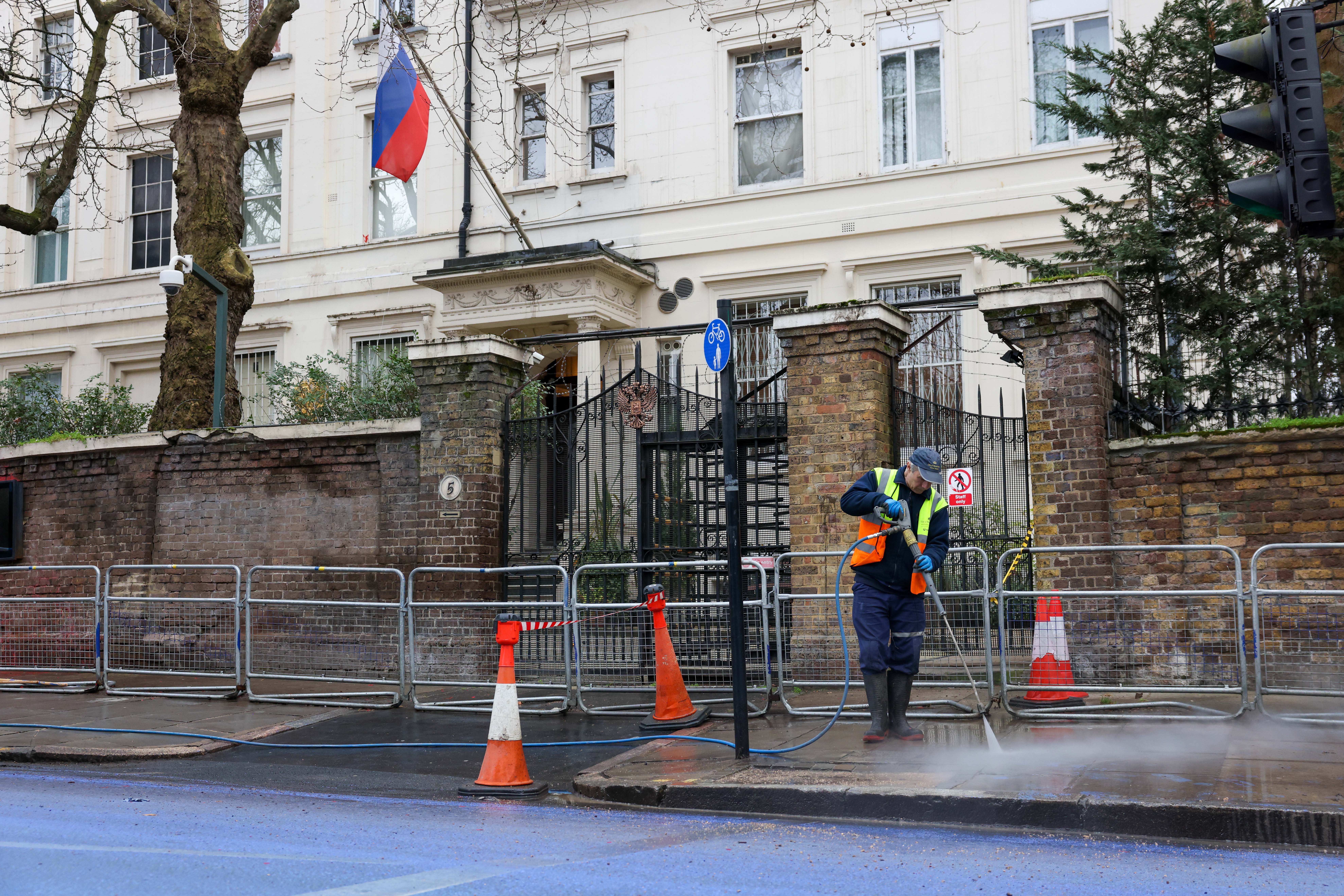 Giant Ukrainian Flag Painted On Road Outside Russian Embassy
