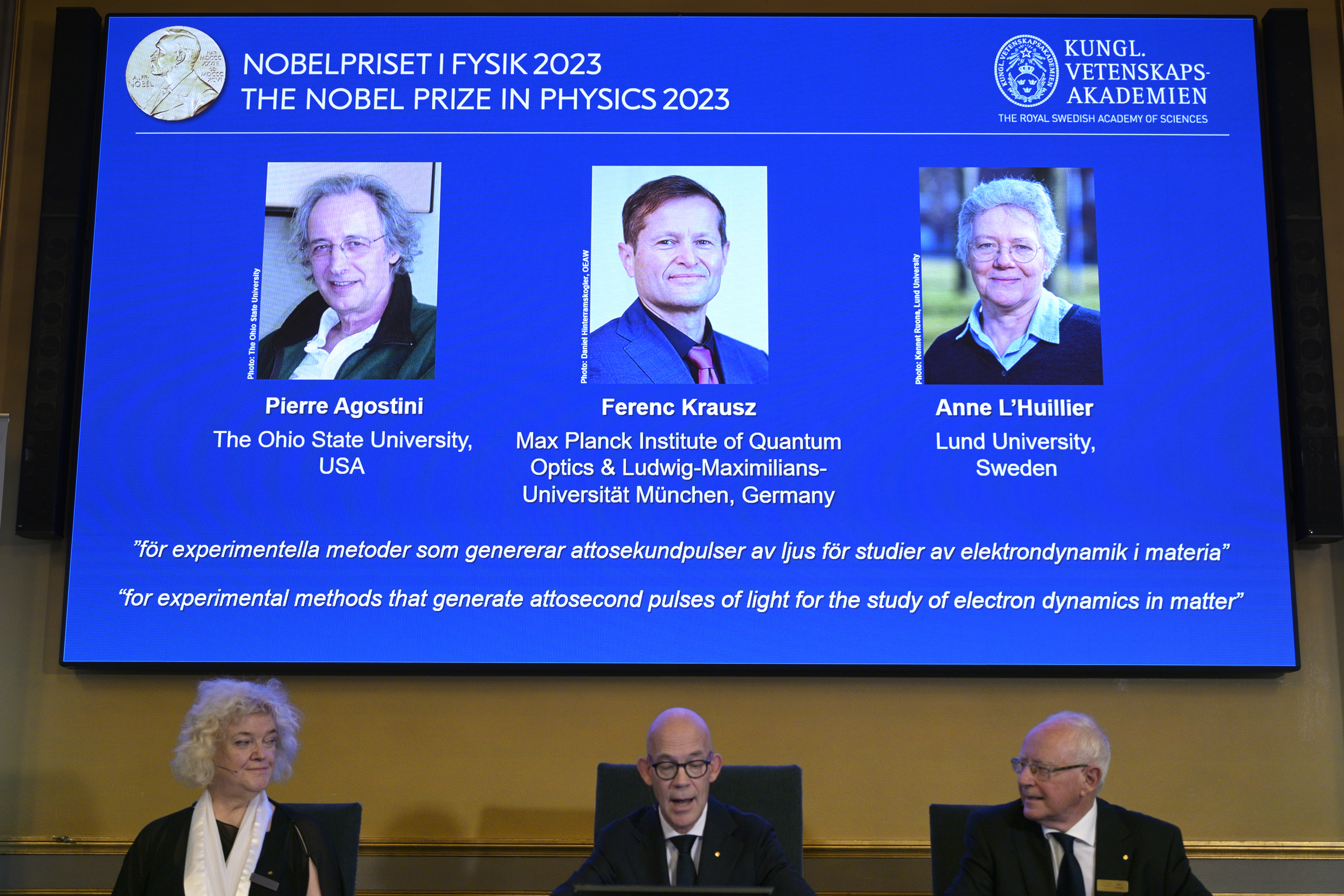 Trio win Nobel physics prize for tiny light pulses that capture changes in atoms
