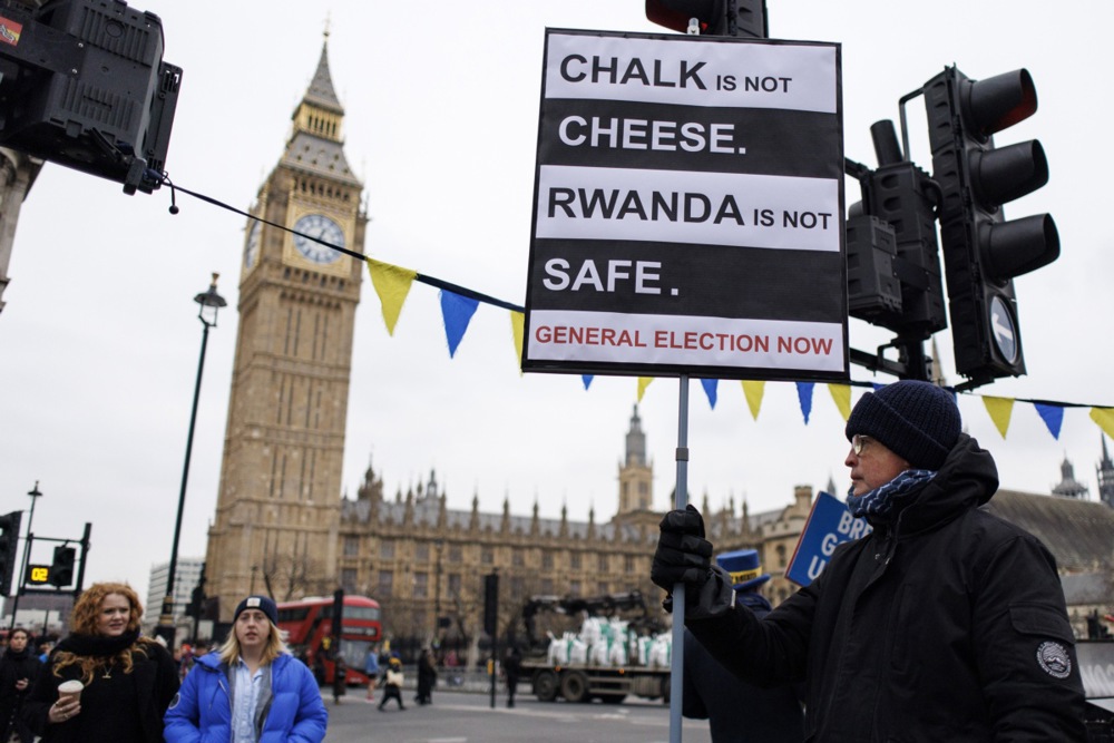 Protesters on Whitehall ahead of a vote on sending some asylum seekers to Rwanda