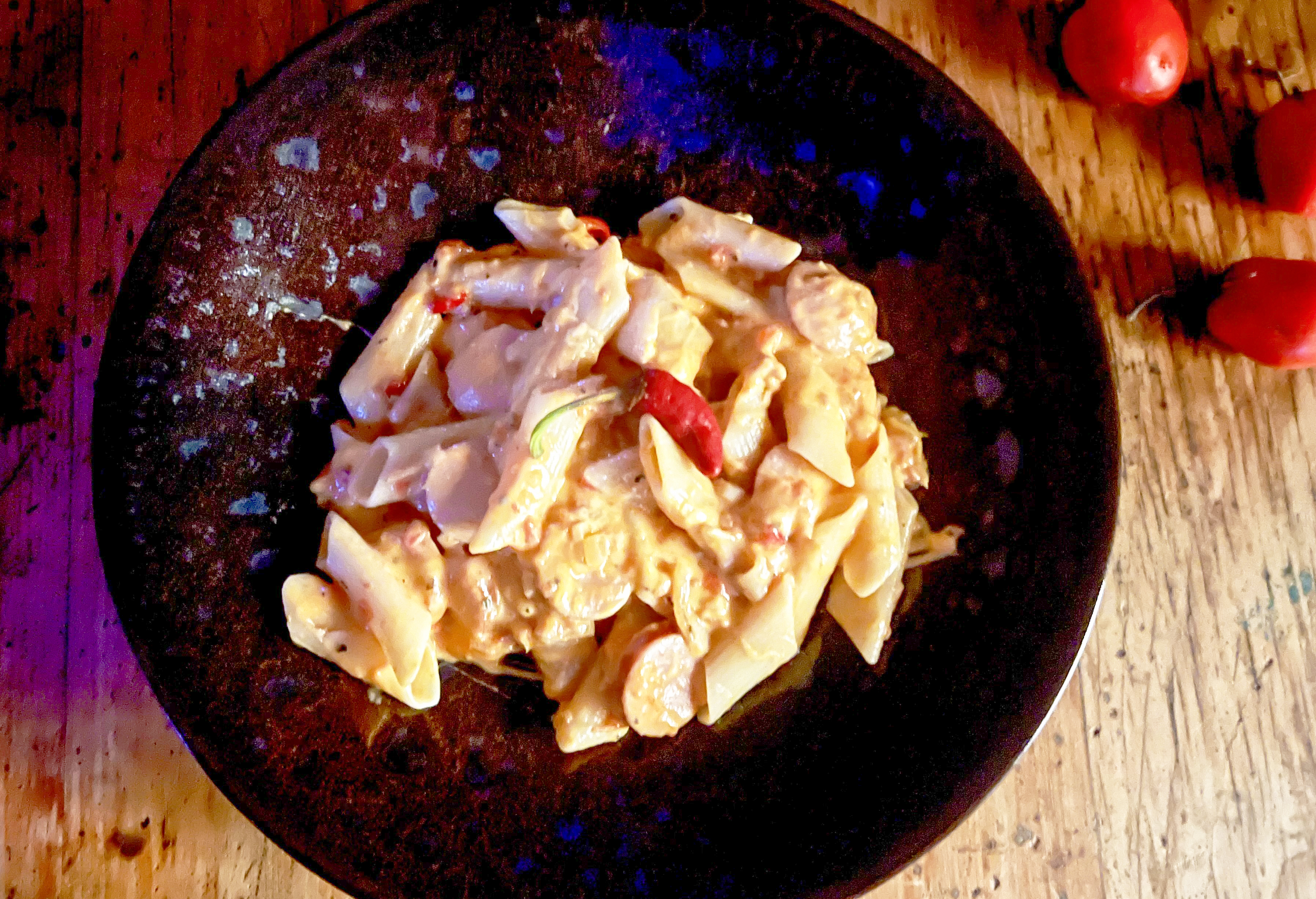 What’s cooking today: Penne with frankfurters in a creamy tomato sauce