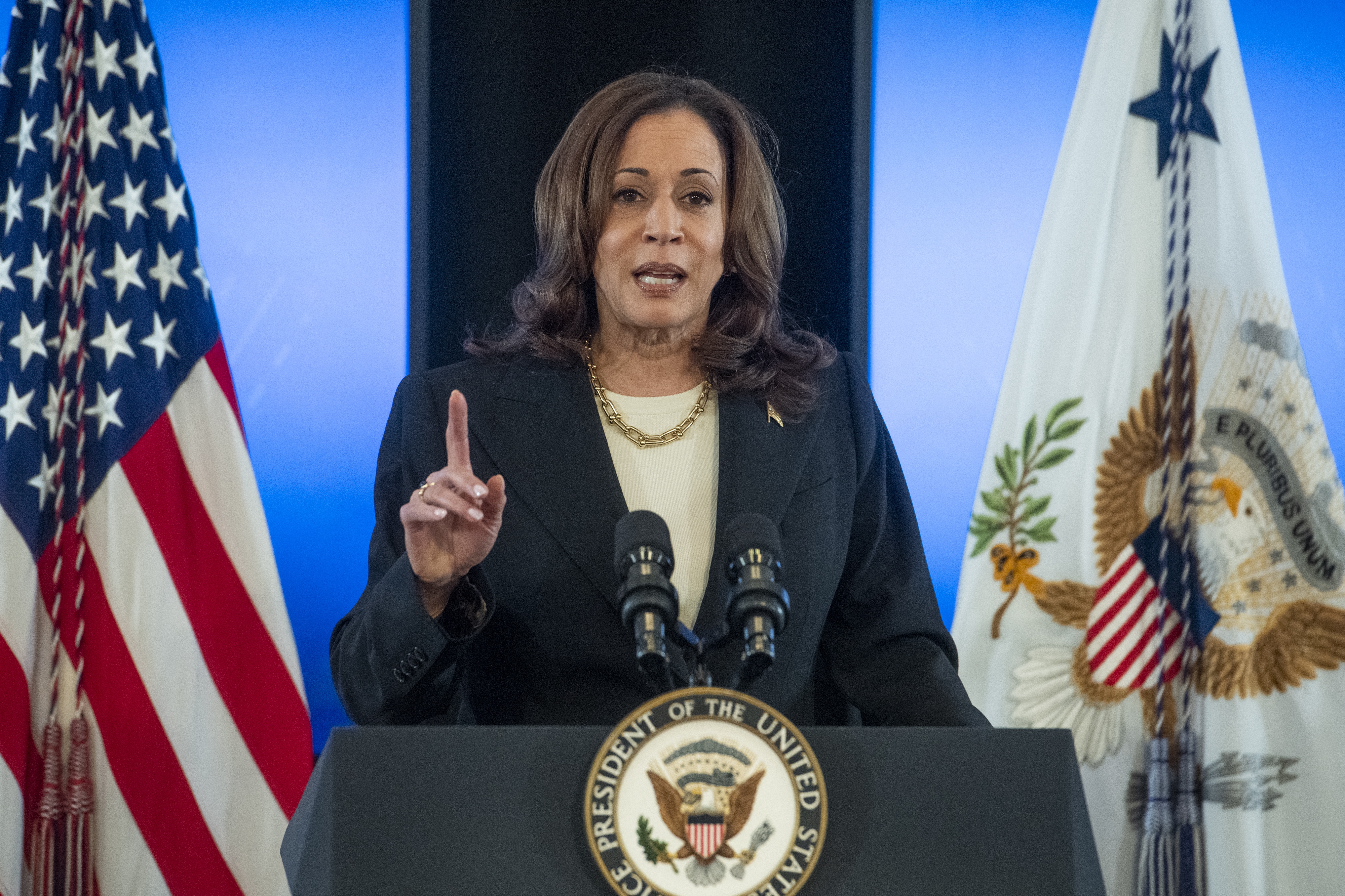 US Vice President Kamala Harris delivers remarks