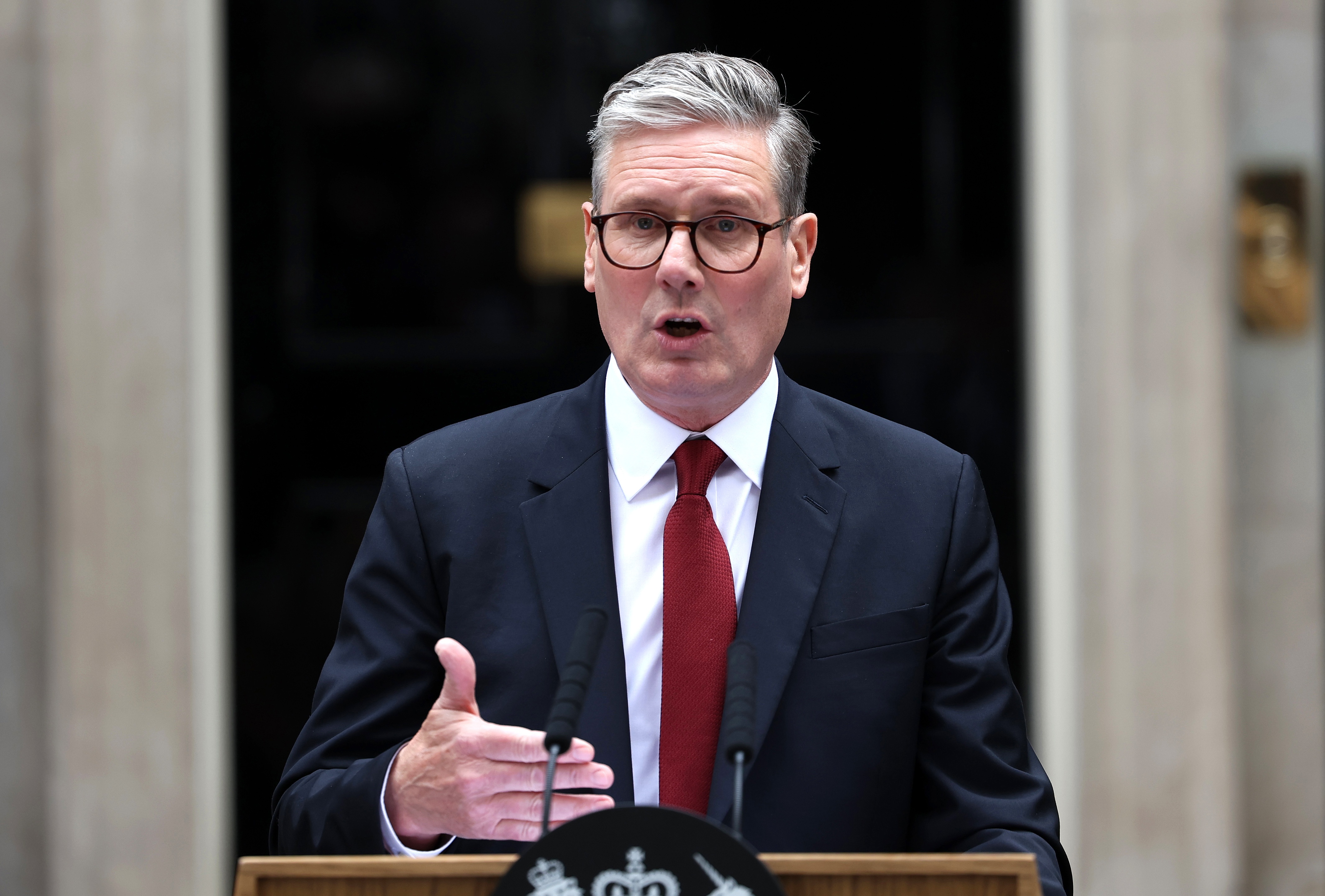 Britain's Labour leader Keir Starmer delivers his first speech as prime minister
