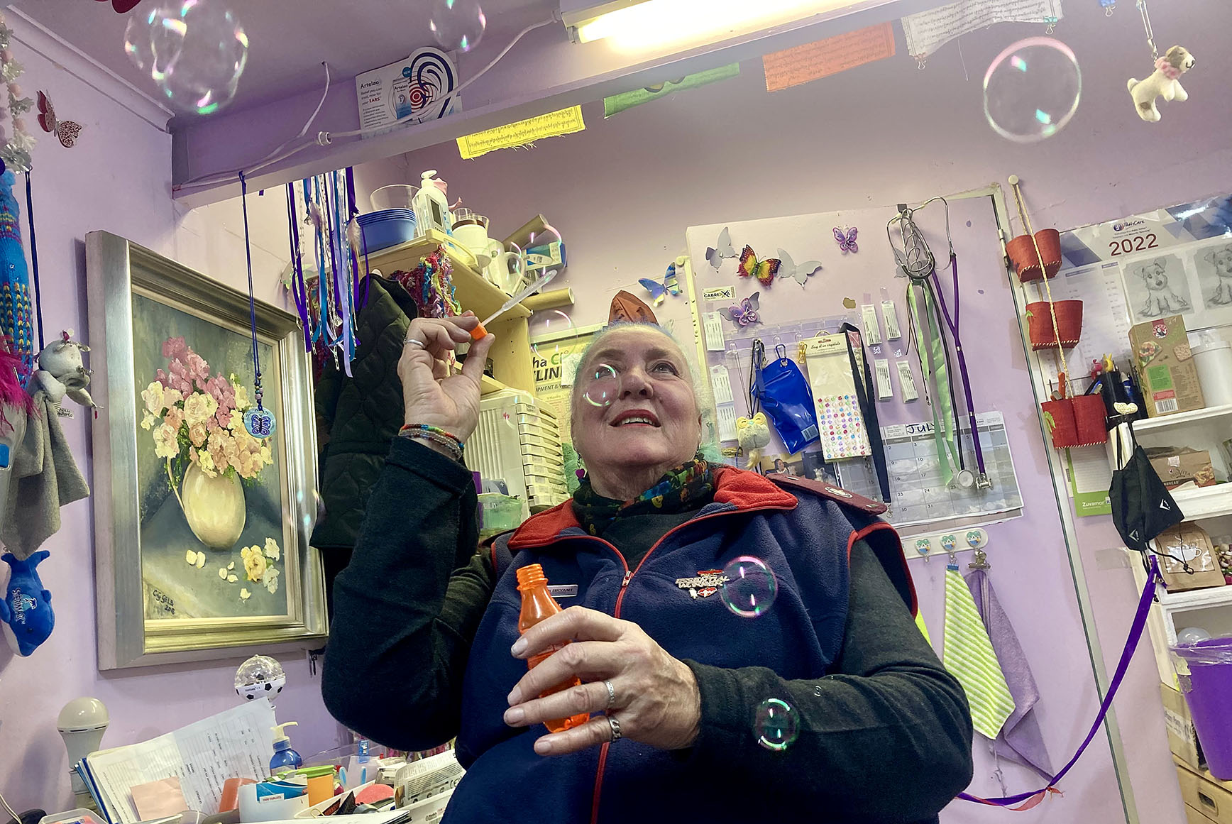 Vivacious Sister Sandra Bryant has a disco ball in her lilac clinic in Cape Town