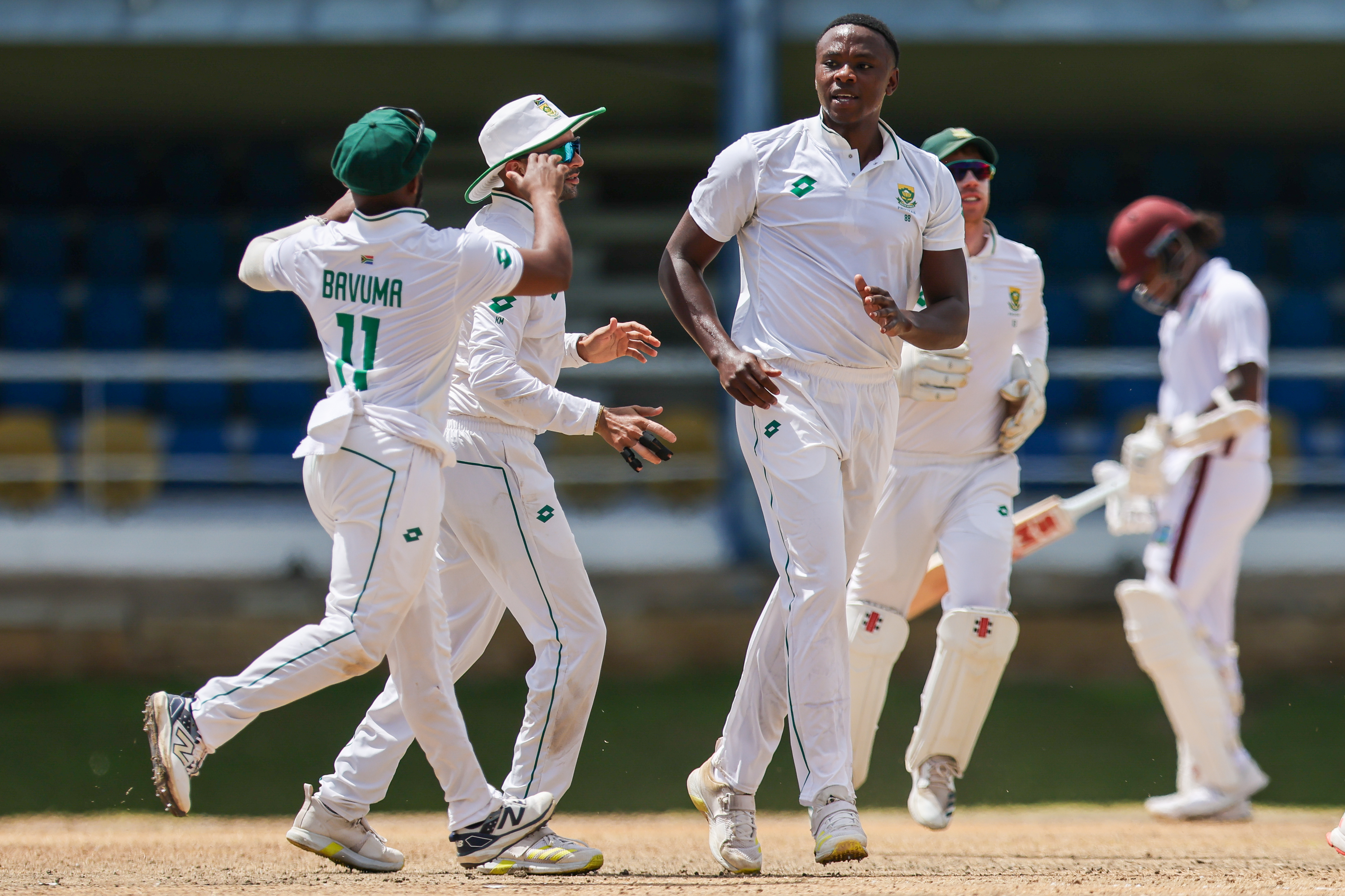 Maharaj shines with eight wickets but rain has final say as South Africa, Windies play to a draw