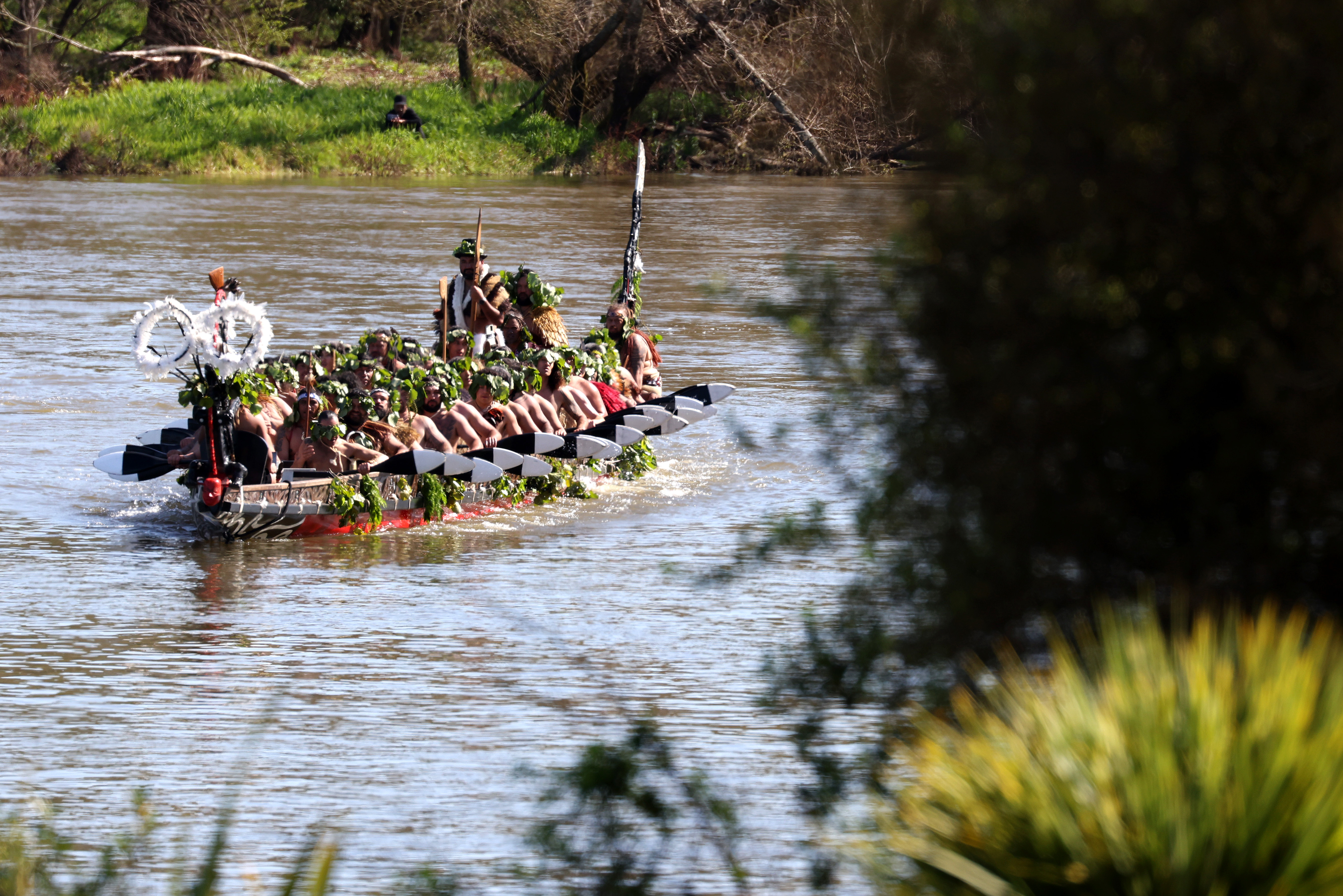 HAMILTON, NEW ZEALAND - SEPTEMBER 05: The Māori King Tuheitia Pootatau Te Wherowhero VII is carried on a waka down the Waikato river by Maori warriors towards Taupiri Maunga during the tangi for the Māori King Tuheitia Pootatau Te Wherowhero VII on September 05, 2024 in Hamilton, New Zealand. New Zealand mourned the passing of Māori King Tuheitia Pootatau Te Wherowhero VII, who died peacefully at the age of 69 last week, surrounded by family just days after celebrating the 18th anniversary of his coronation. His legacy as a champion for Māori rights and unity will resonate throughout the nation, leaving an significant impact on Aotearoa's history and culture. (Photo by Michael Bradley/Getty Images)