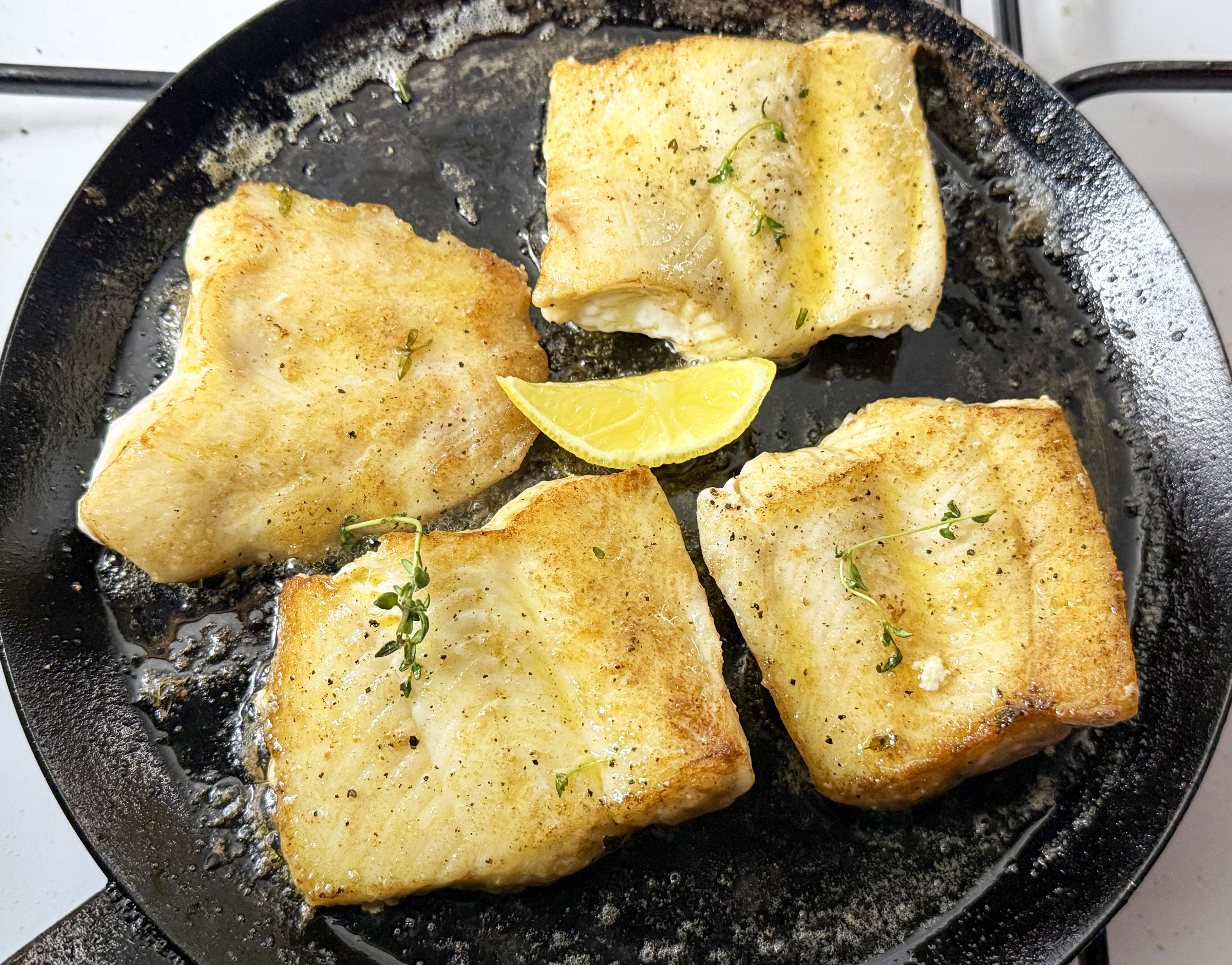 Butterfish fillets pan-fried in thyme butter