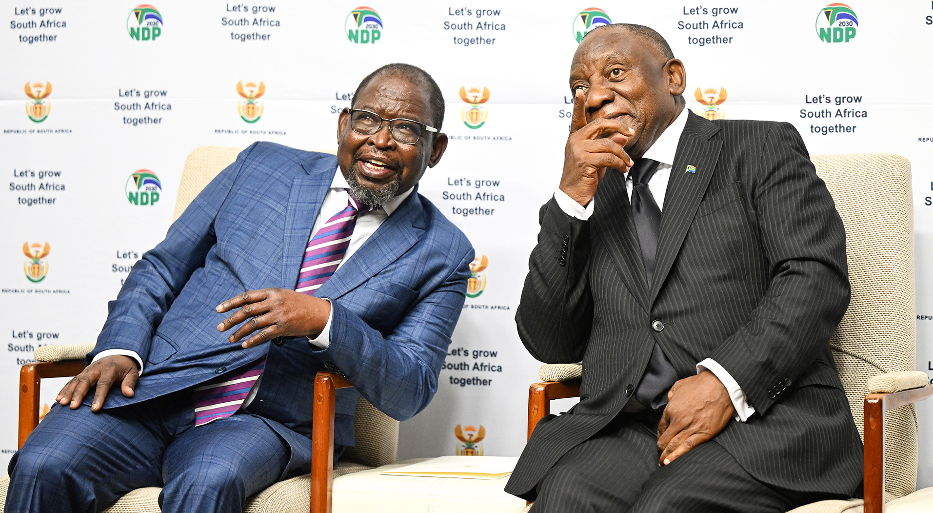 South Africa - Cape Town - 03 November  2024 - President Cyril Ramaphosa having a light moment with thwe Minister of Finance Enoch Godongwana before addressing the media at the launch of the G20 presidency in Parliament,Cape Town .(Photo: Phando Jikelo / Parliament of SA)