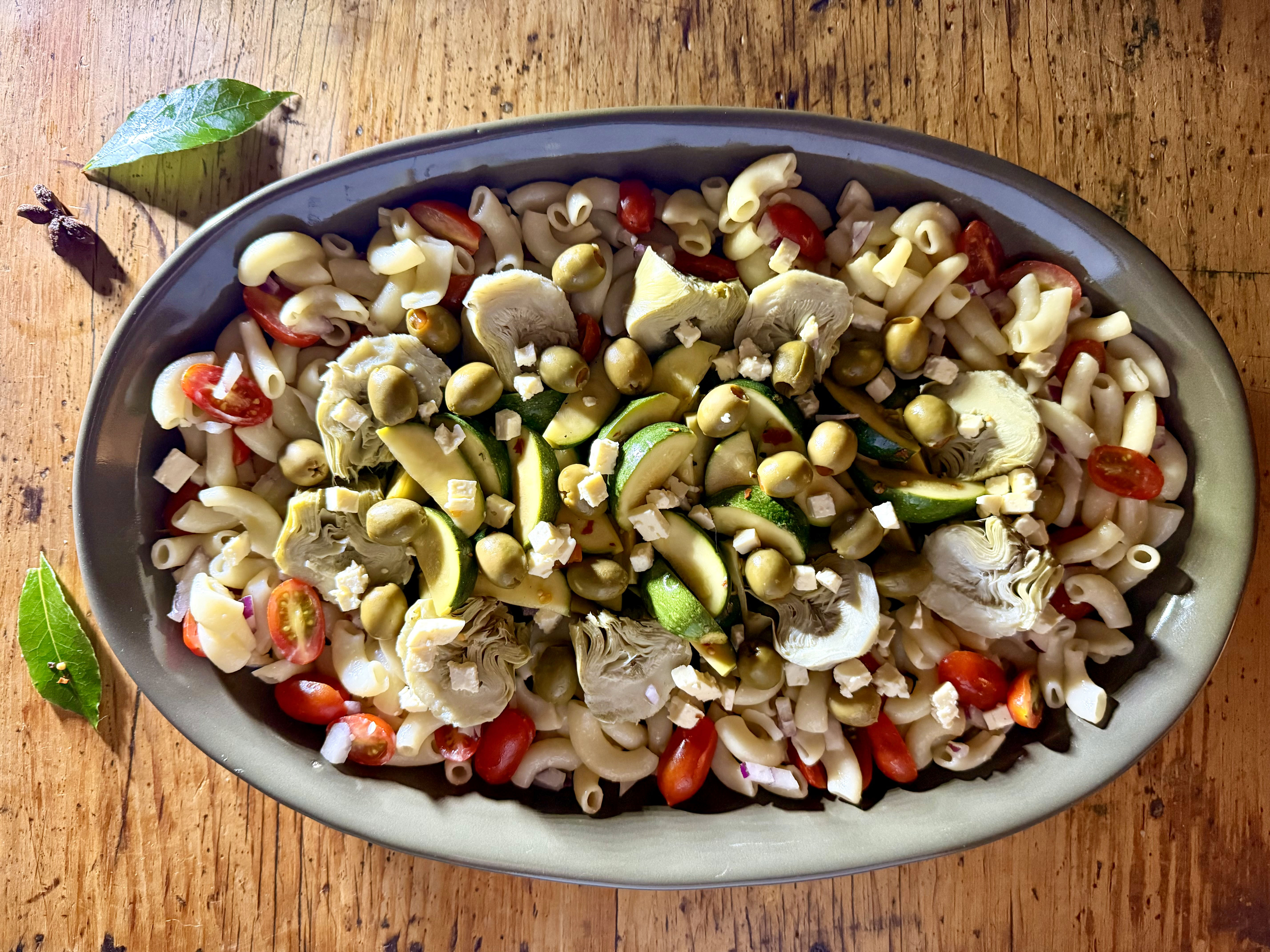 Salad Days: Artichoke, pickled baby gem & green olive pasta salad