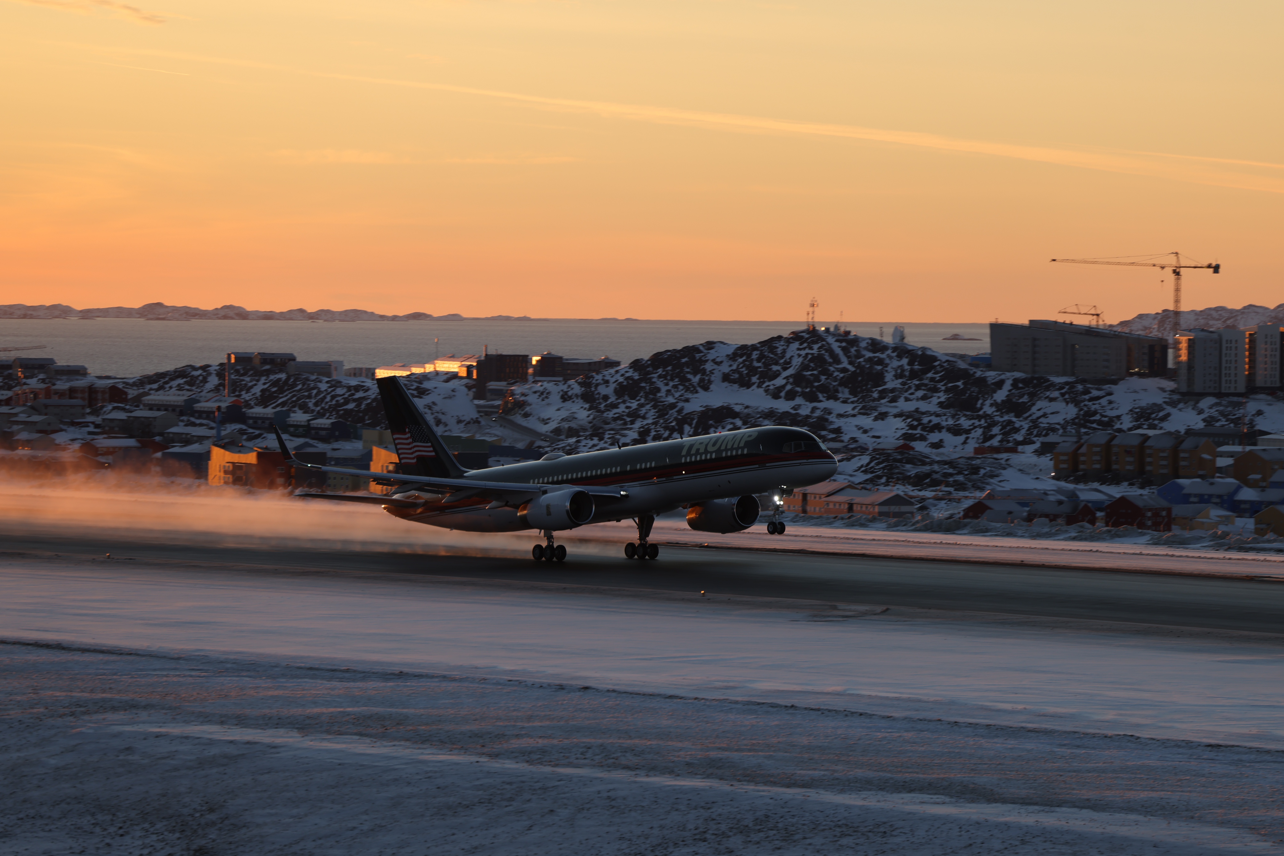 epa11811678 An aircraft carrying Donald Trump Jr. takes off from an airport following his visit to Nuuk, Greenland, 07 January 2025. Donald Trump Jr. is on a private visit to the autonomous Danish territory of Greenland.  EPA-EFE/EMIL STACH DENMARK OUT