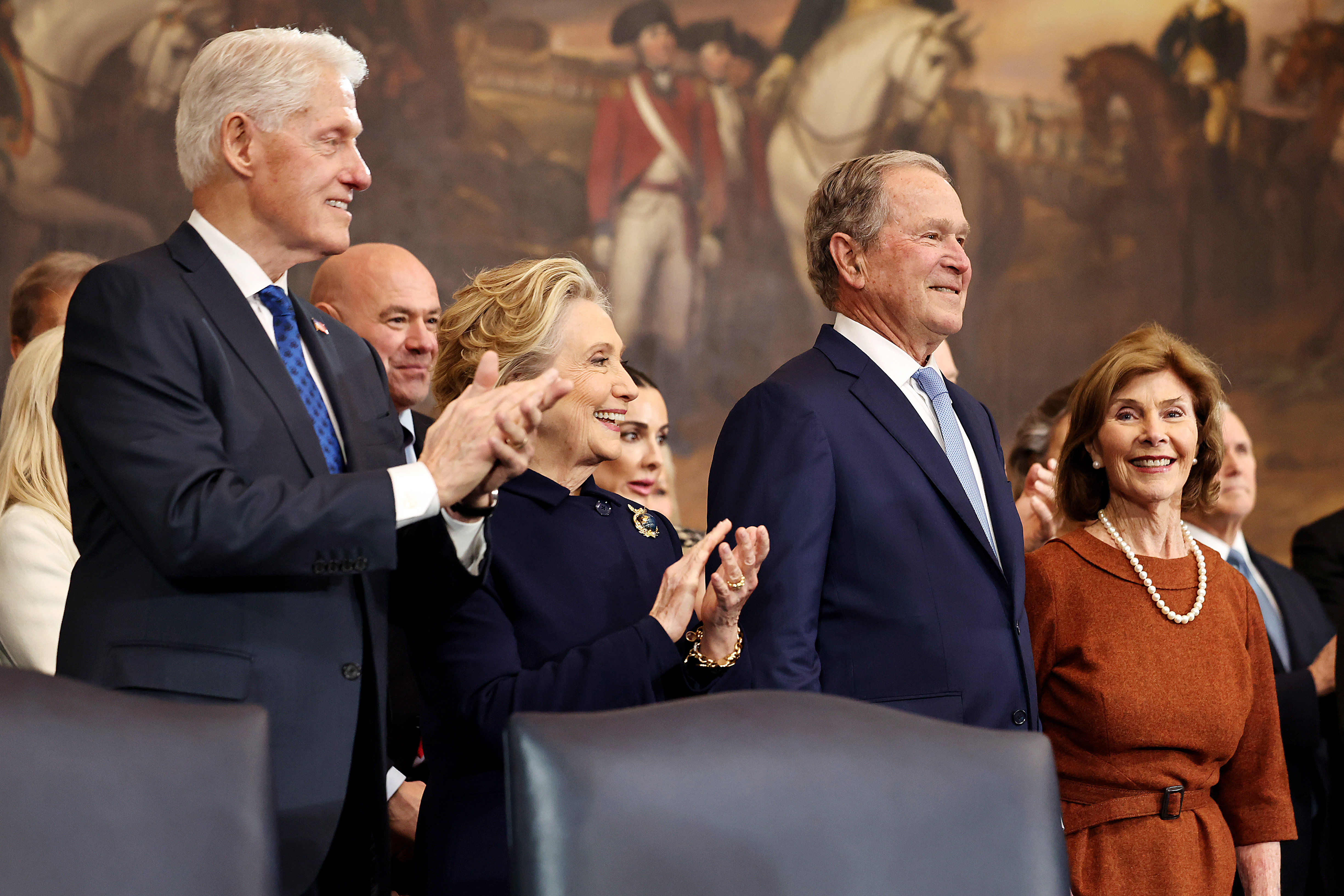 WASHINGTON, DC - JANUARY 20: (L-R) Former U.S. President Bill Clinton, former U.S. Secretary of State Hillary Clinton, former U.S. President George W. Bush and former first lady Laura Bush arrive to the inauguration of U.S. President-elect Donald Trump in the Rotunda of the U.S. Capitol on January 20, 2025 in Washington, DC. Donald Trump takes office for his second term as the 47th president of the United States. (Photo by Chip Somodevilla/Getty Images)