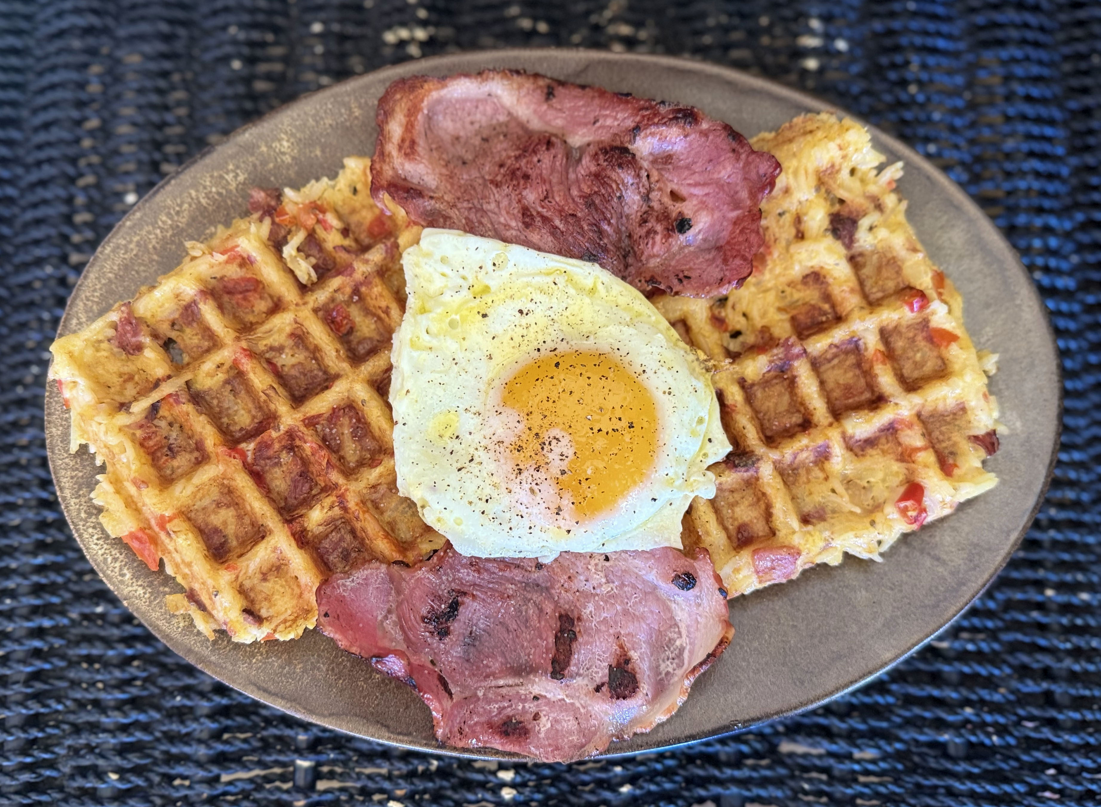 Your breakfast fix: Spiced-rice bacon and egg waffles