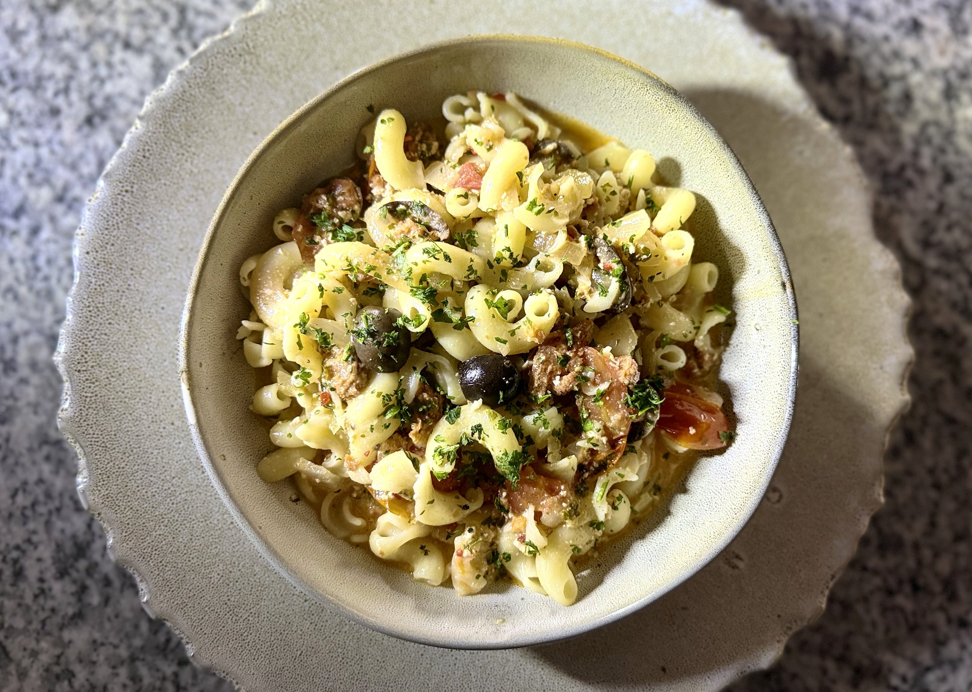 Pasta Pronto — cavatappi with chorizo, olives, baby tomatoes and blue cheese