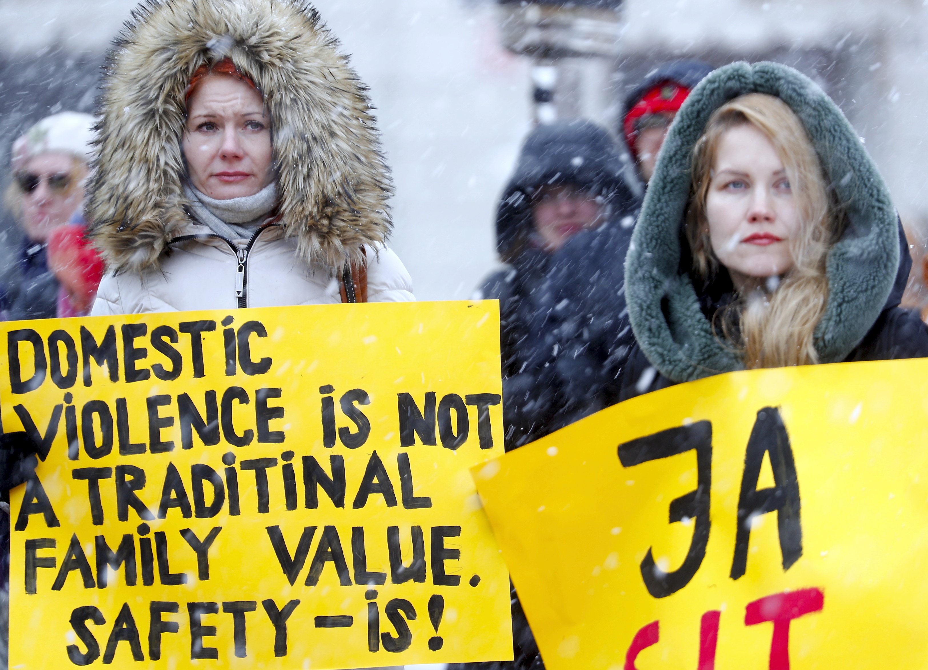 Demonstrators hold posters during a solidarity march on International Women's Day in Riga, Latvia, 08 March 2023. Latvia is among the six remaining EU countries that have not ratified the Council of Europe Convention (known as the 'Istanbul Convention') on preventing and combating violence against women and domestic violence. International Women's Day is observed annually worldwide on 08 March to highlight women's rights and bringing attention to issues such as gender equality, abuse and violence against women and girls.  EPA-EFE/TOMS KALNINS