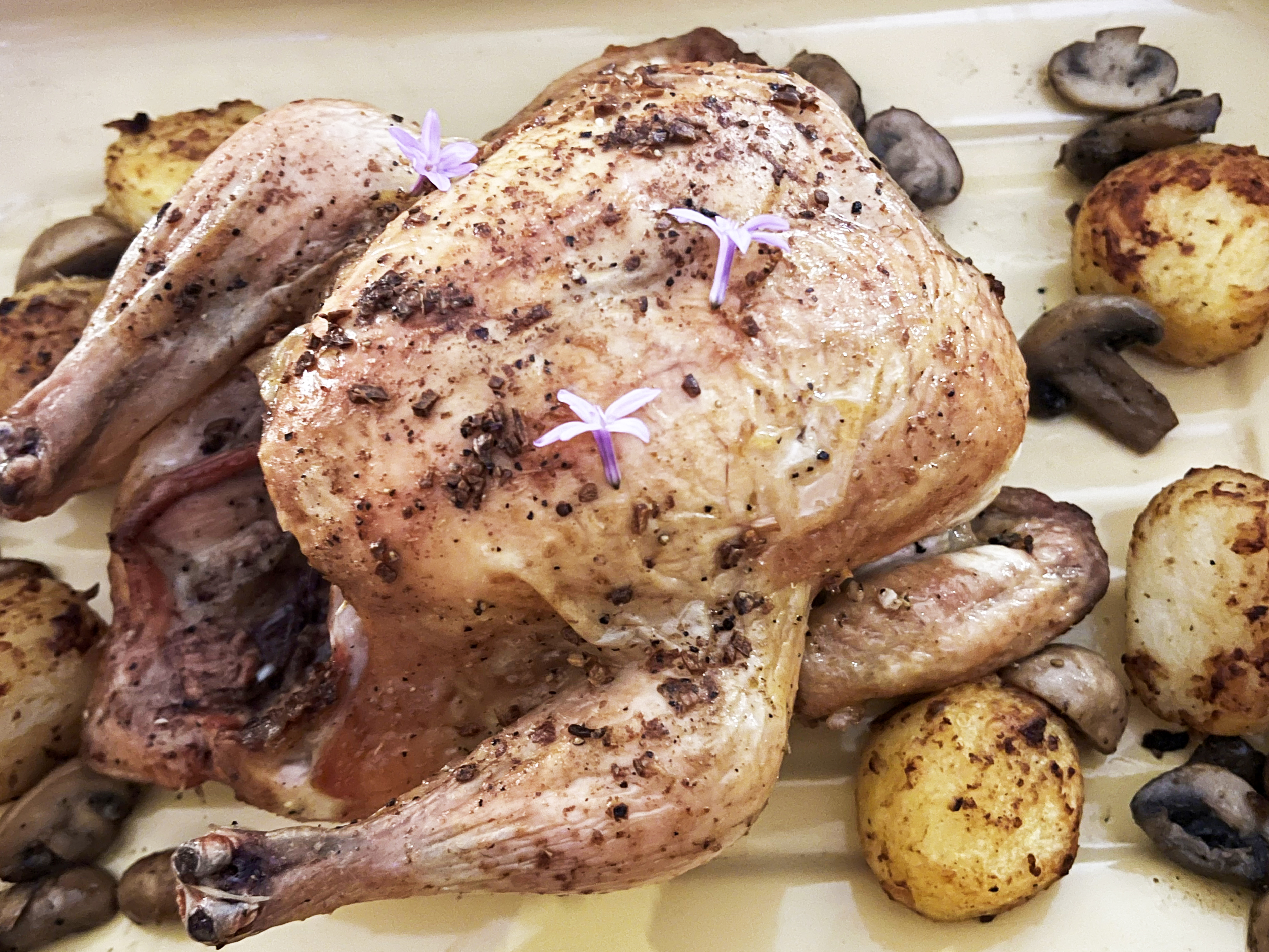 Garlic-butter roast chicken with a wine deglaze