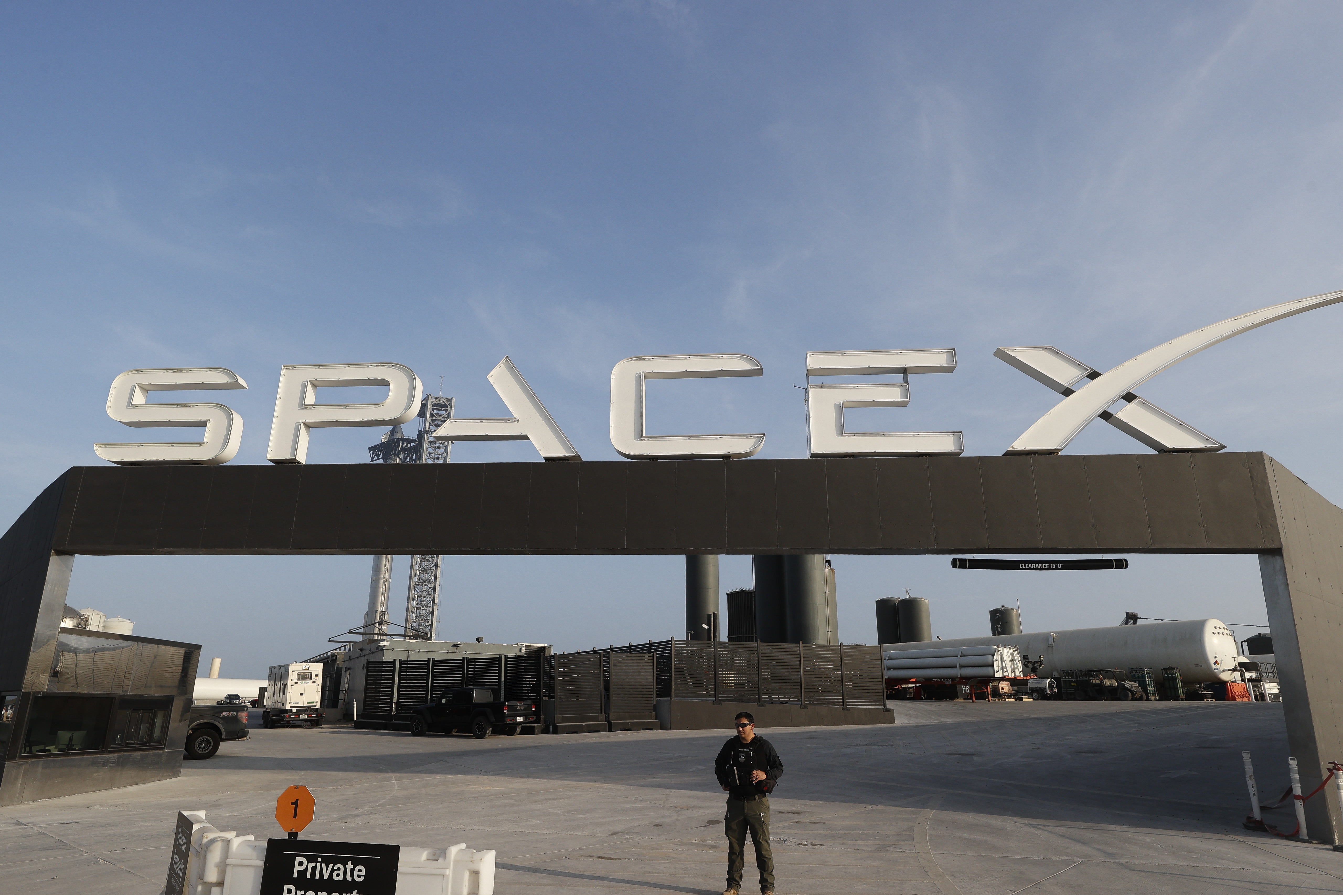 epa11219413 A general view of the enterance to SpaceX at Starbase in Boca Chica, Texas, USA, 13 March 2024. This will be the third attempt to test the mega rocket Starship.  EPA-EFE/ADAM DAVIS
