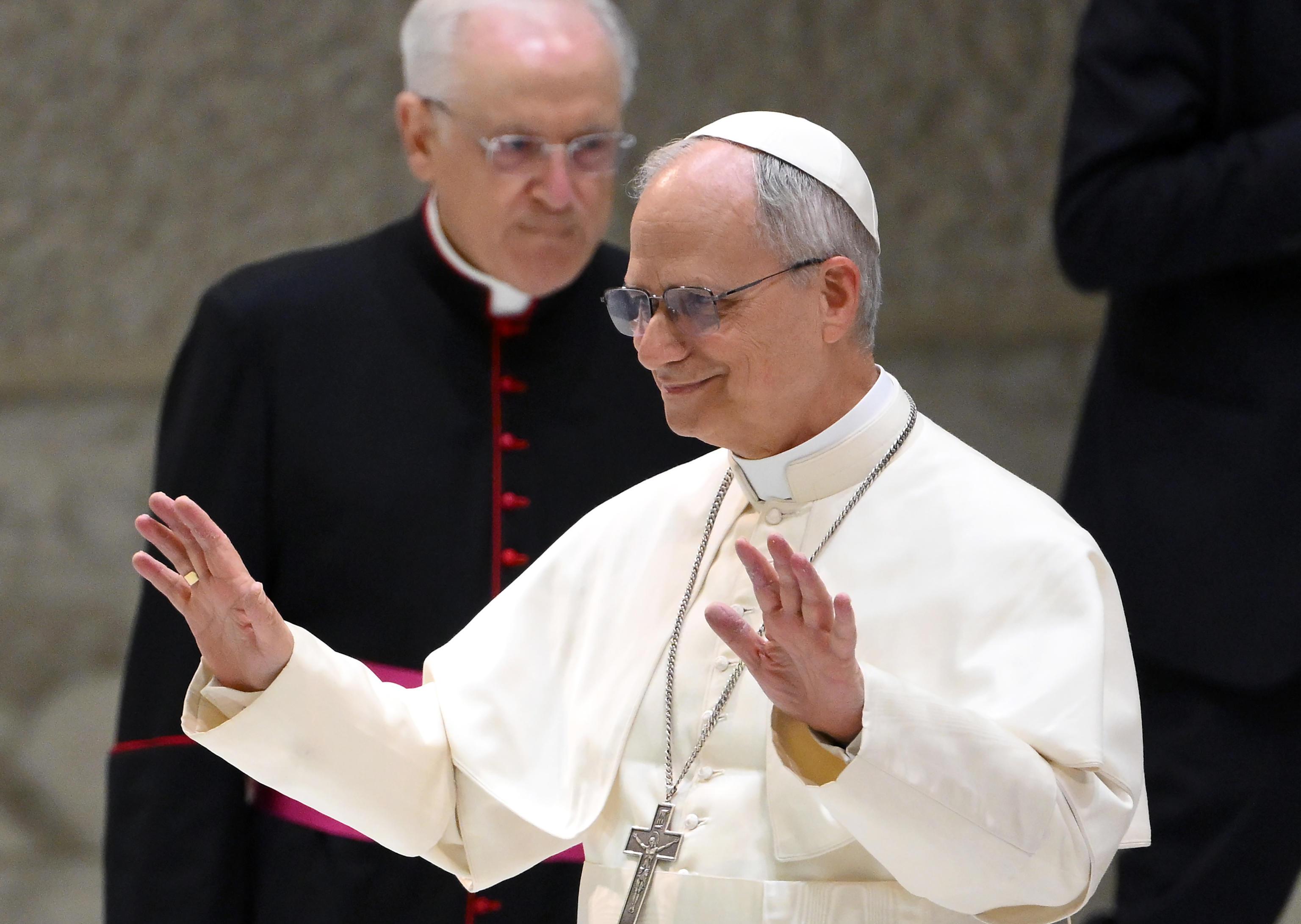 Pope Leo XIV meets members of the media at the Paul VI Hall