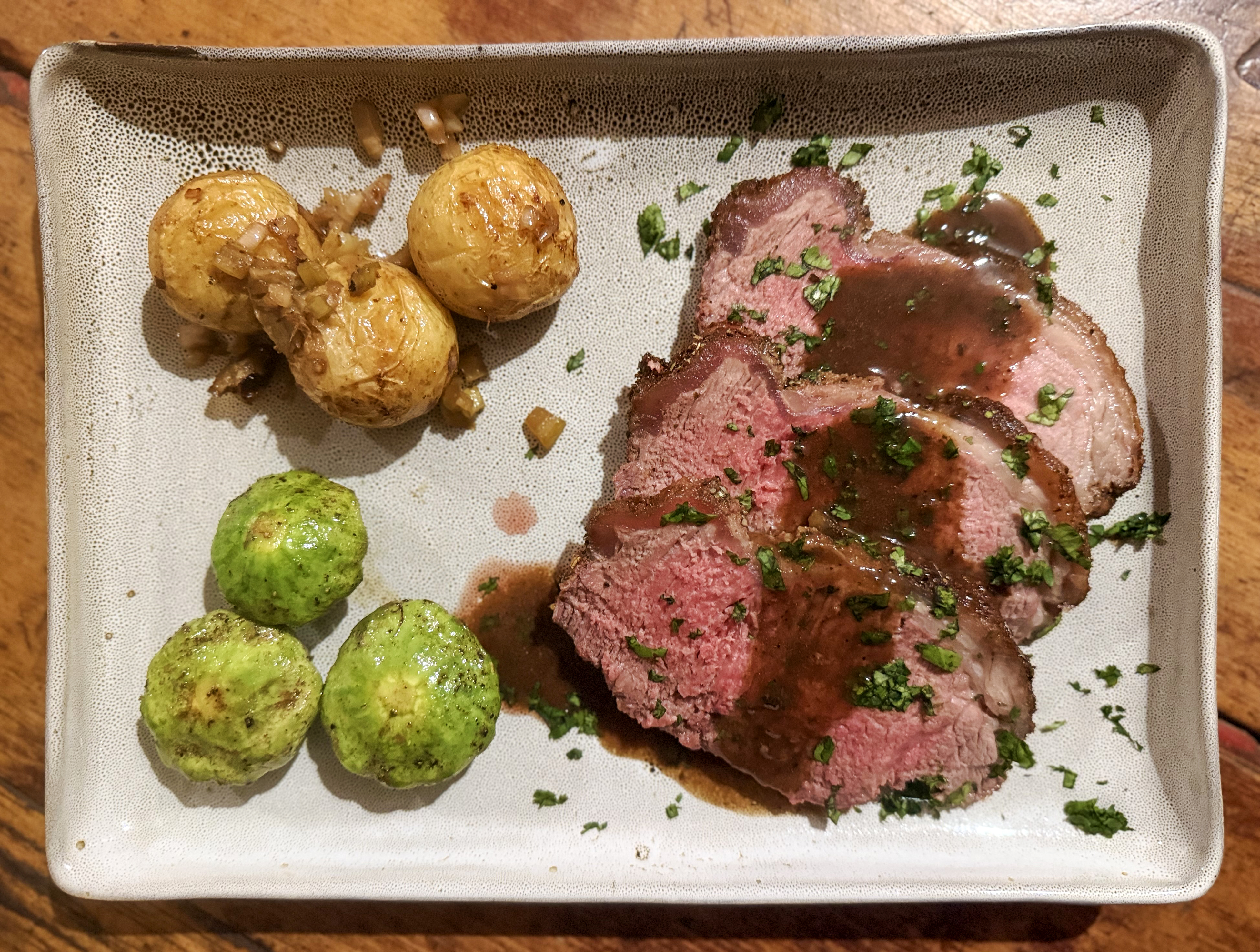 A perfectly pink beef sirloin roast with a spicy rub