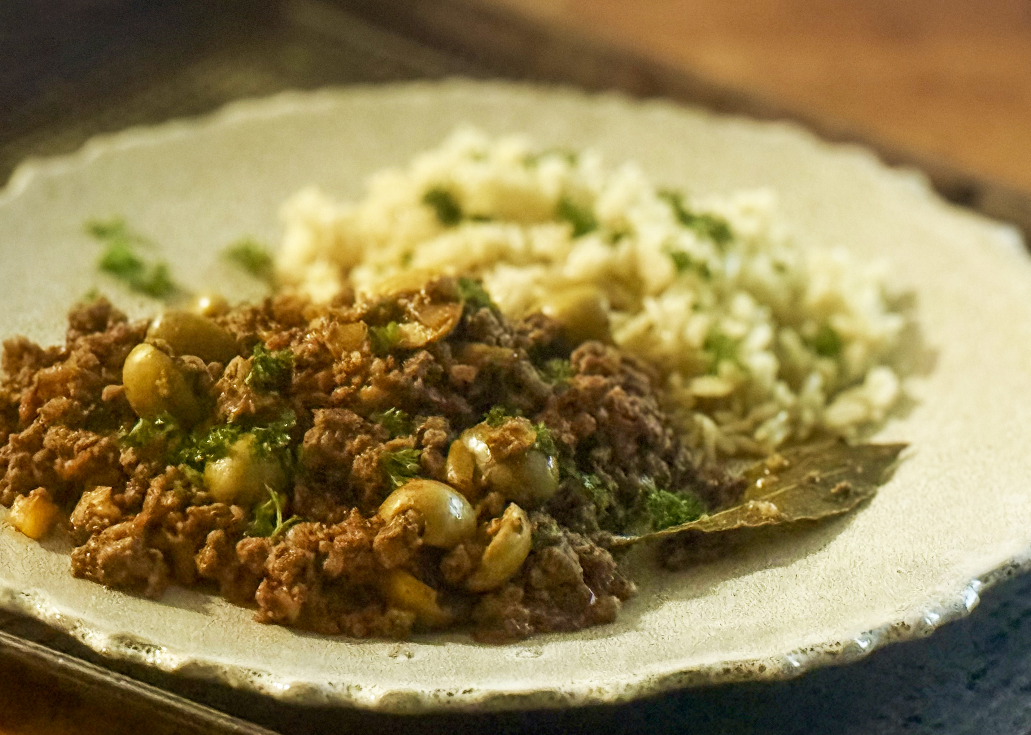 Picadillo — spiced ground beef with green olives and Brazilian garlic rice