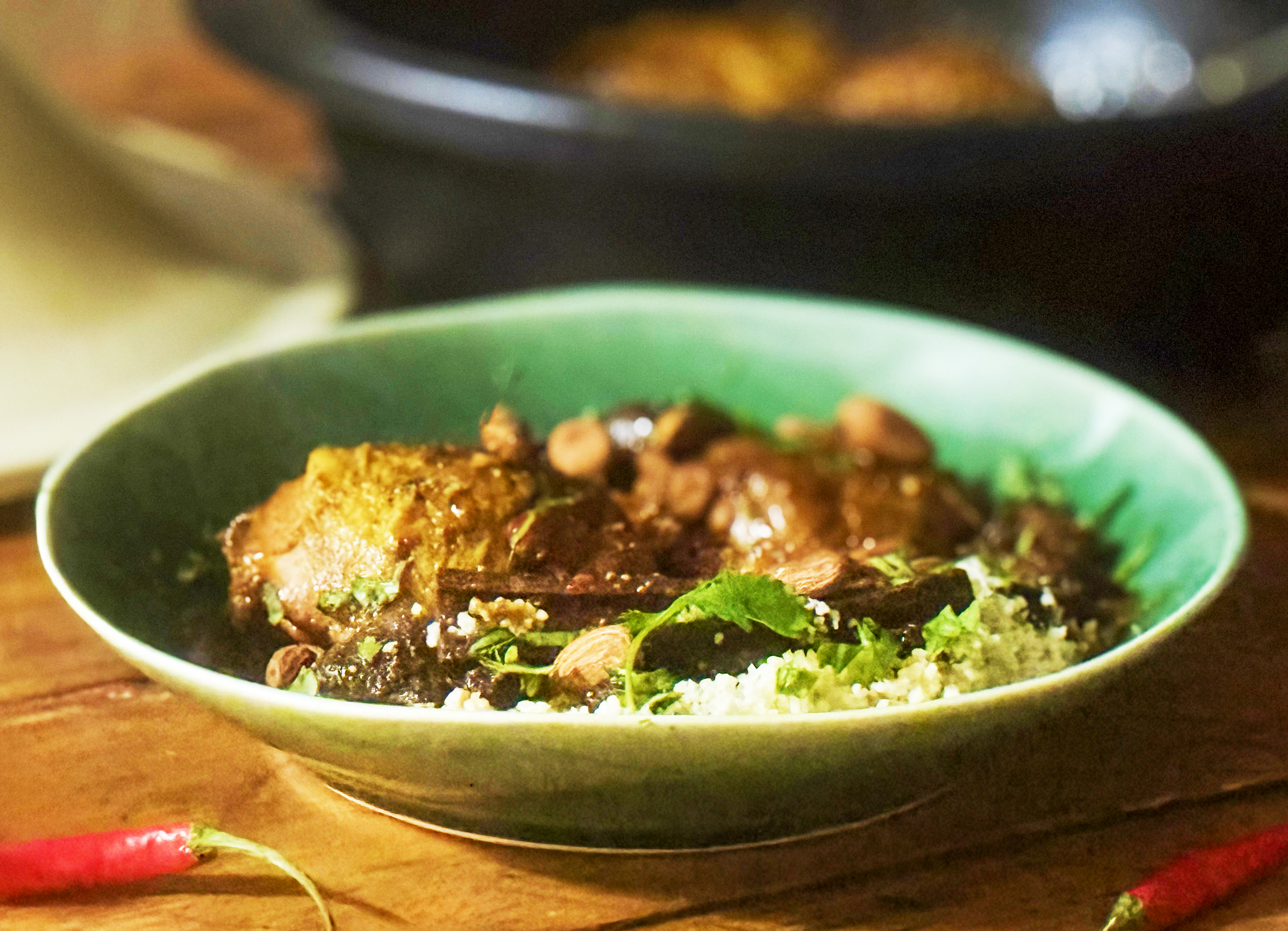 Chicken and red fig tagine with almonds and raisins