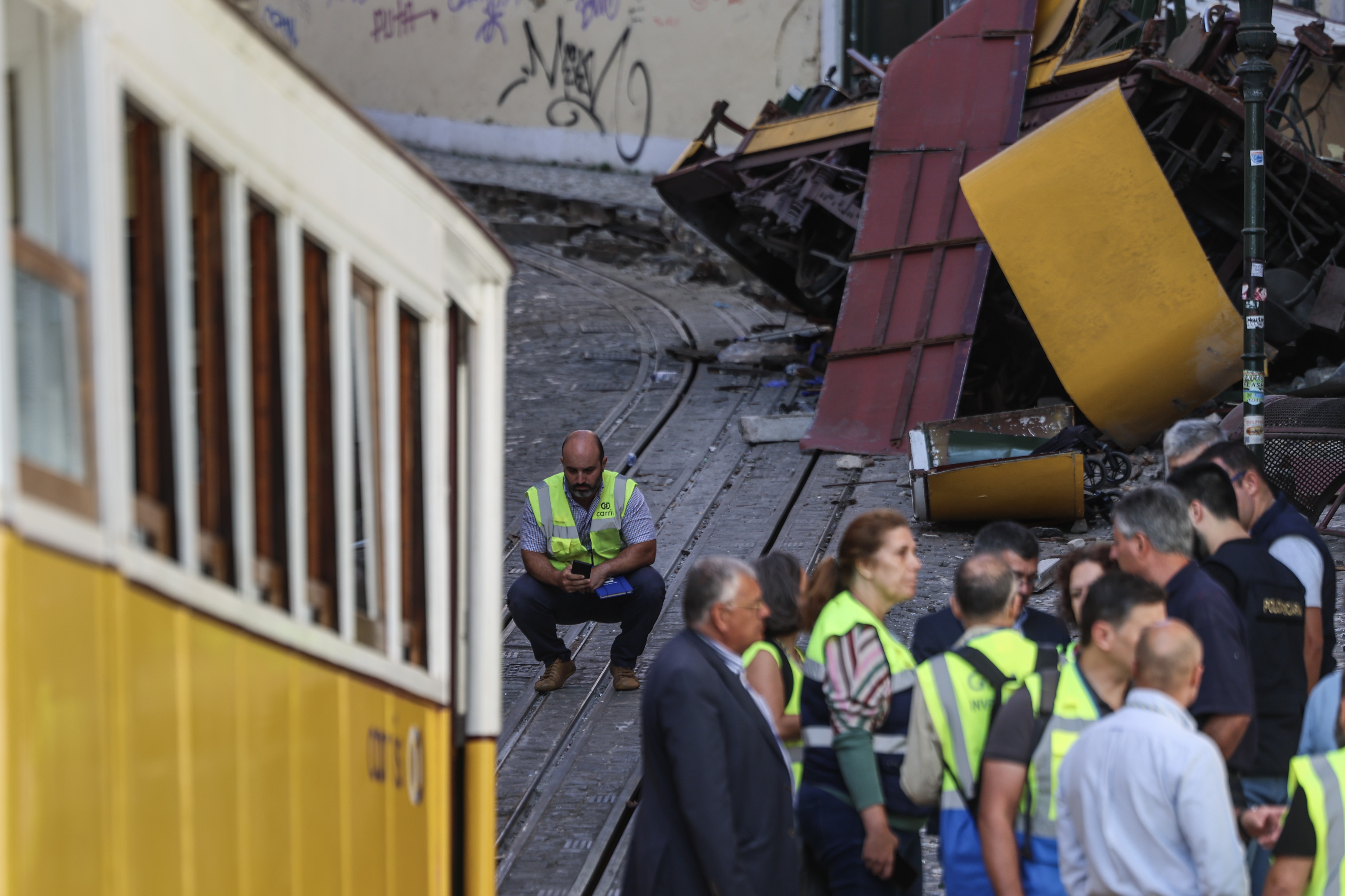 Aftermath of the Gloria funicular derailment in Lisbon