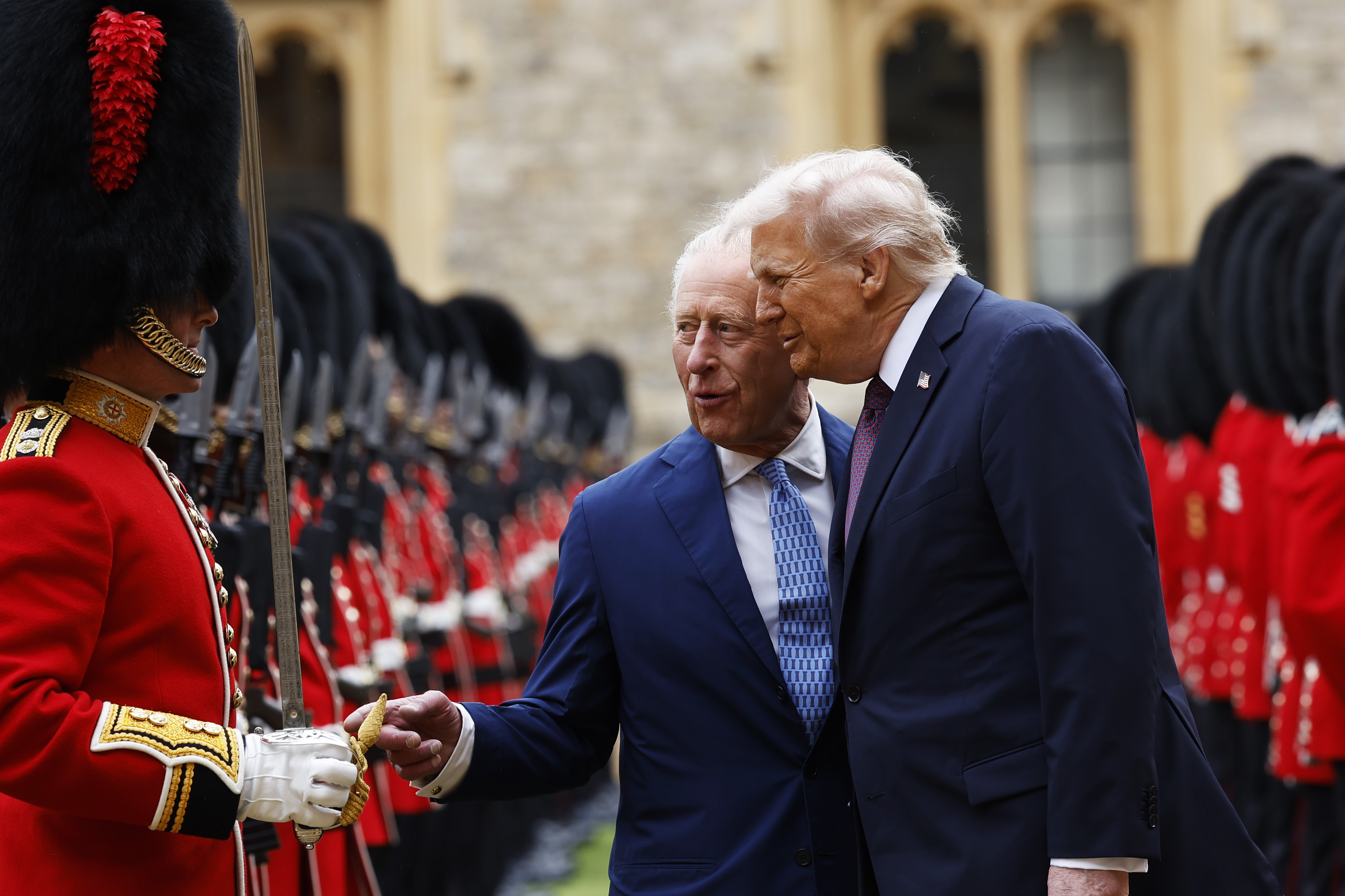 King Charles III and US President Donald Trump inspect the Guard of Honour during the State visit by the President of the United States of America at Windsor Castle on September 17, 2025 in Windsor, England. (Photo by Anna Moneymaker/Getty Images)