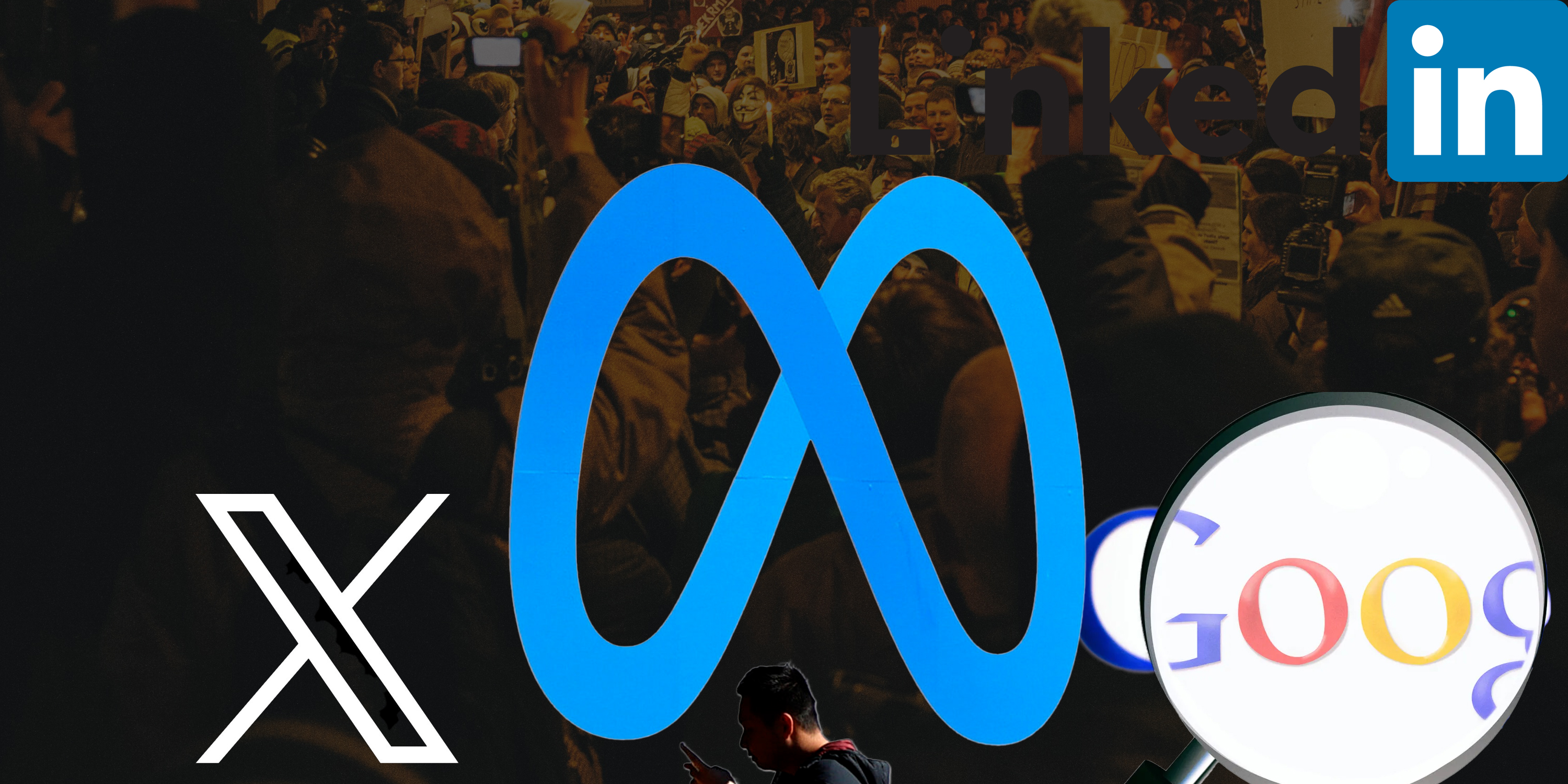 Illustrative image | Journalists covering an assignment. (Photo: Unsplash) | X logo. | Linkedin logo. | Google logo.(Photos: Wikipedia) | A pedestrian walks in front of a sign displaying Meta's new logo. (Photo: Justin Sullivan / Getty Images)