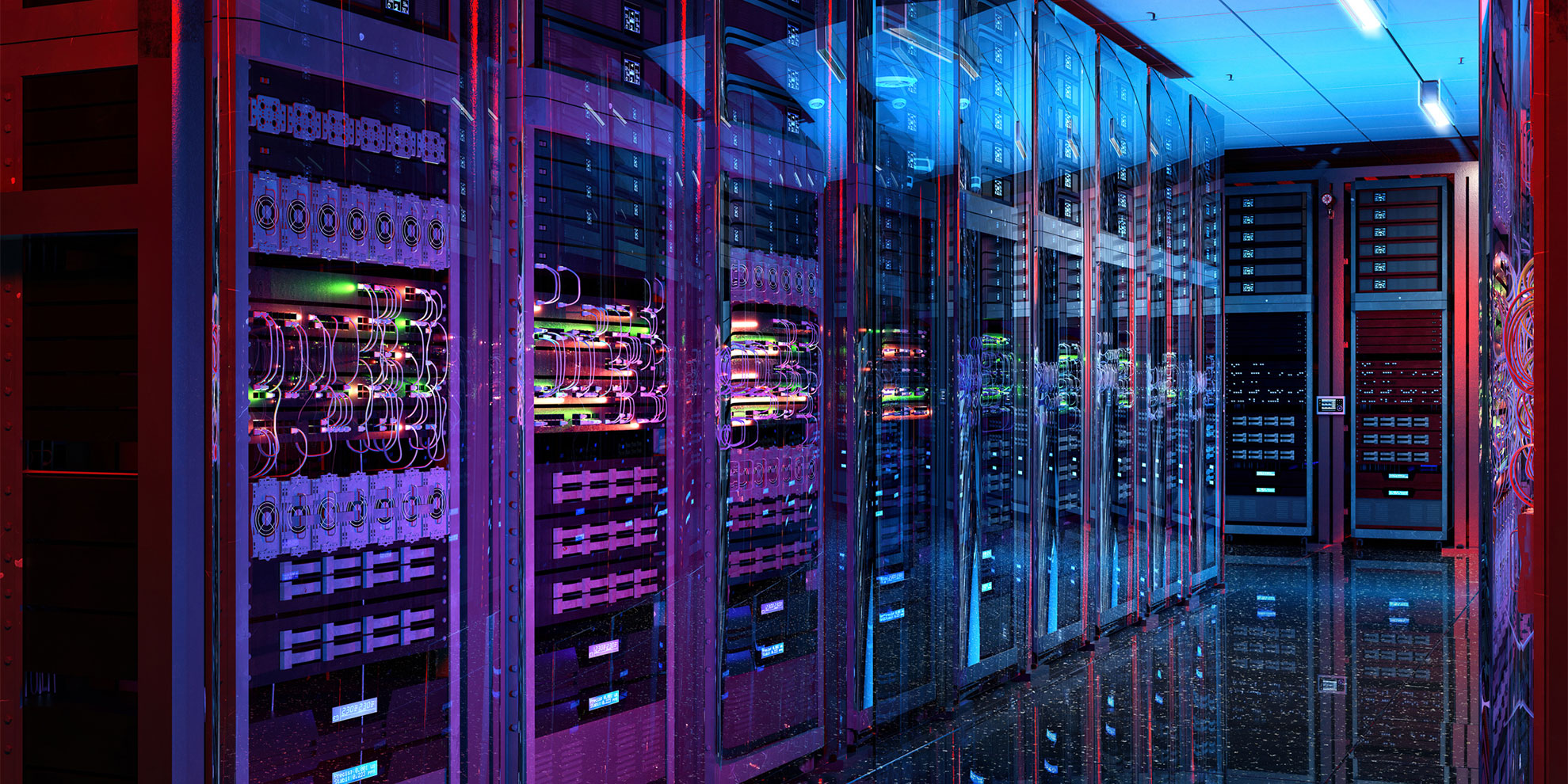 Data center server racks. IT modern hardware server room, data storage center, database information system. Hosting, it data backup, computing technology service, network security, artificial intelligence supercomputers, 3D mixed-media illustration