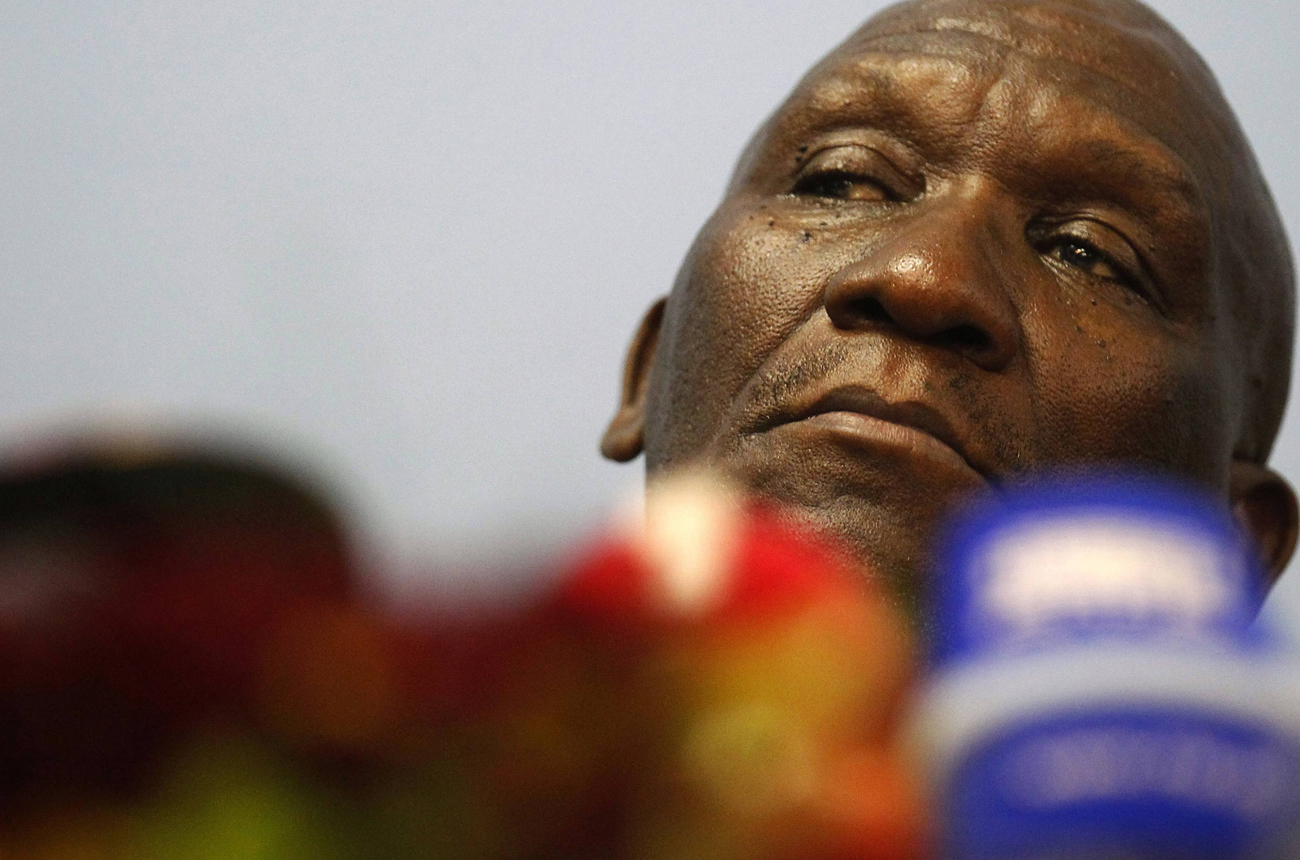South African police chief BheKi Cele listens to a question about World Cup soccer security, during a news conference in Magaliesburg
