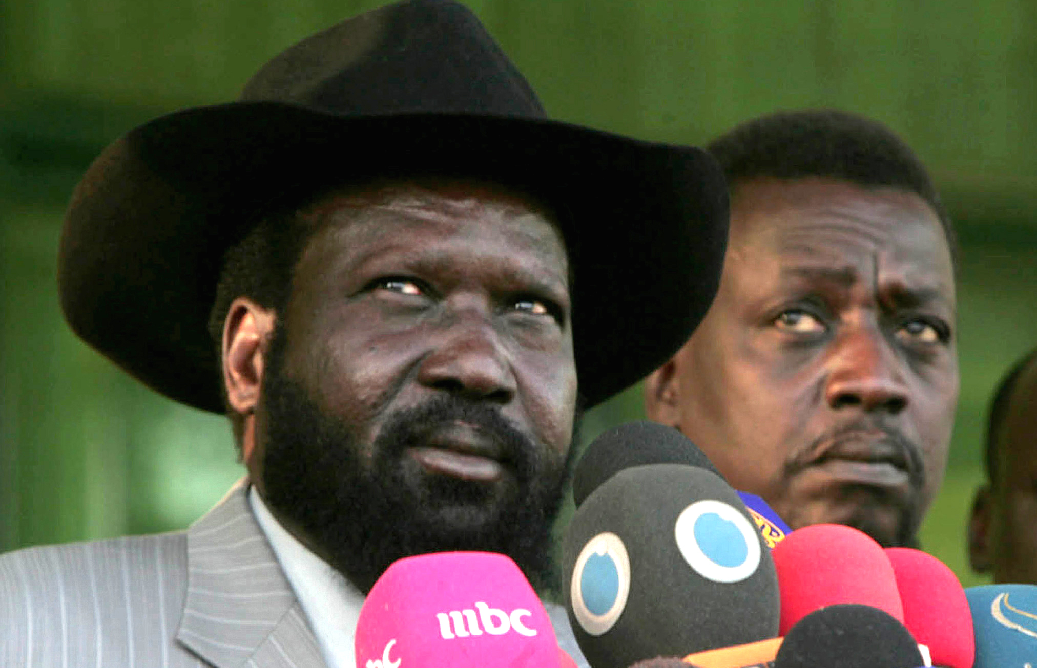 First Vice President and chairman of the Sudan People's Liberation Movement (SPLM) Kiir addresses a news conference in Khartoum