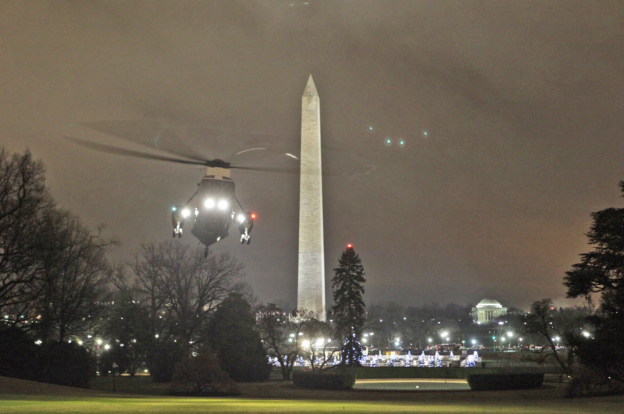The Marine One helicopter with U.S. President Obama on board arrives on the South Lawn of the White House upon his return to Washington