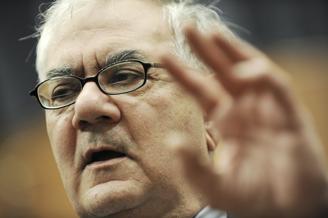 Frank gestures during a news conference on issues before the House Financial Services Committee on Capitol Hill in Washington