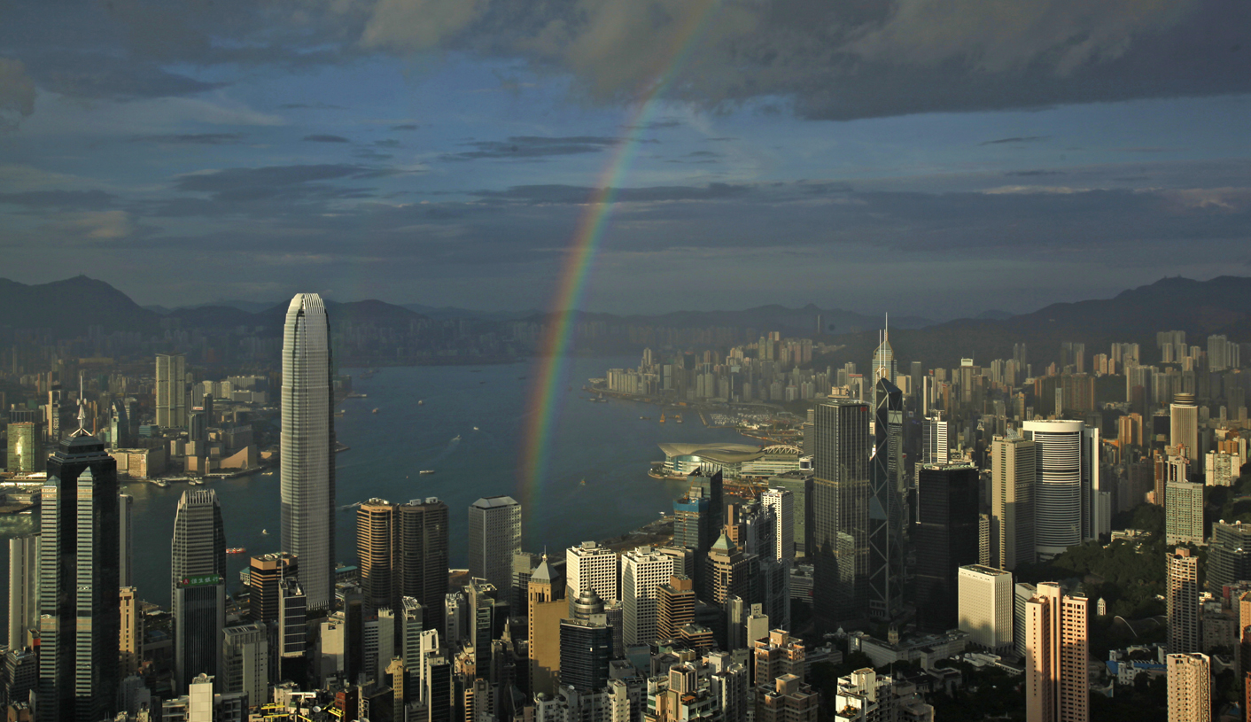 A rainbow arches over Hong Kong's Victoria Harbour
