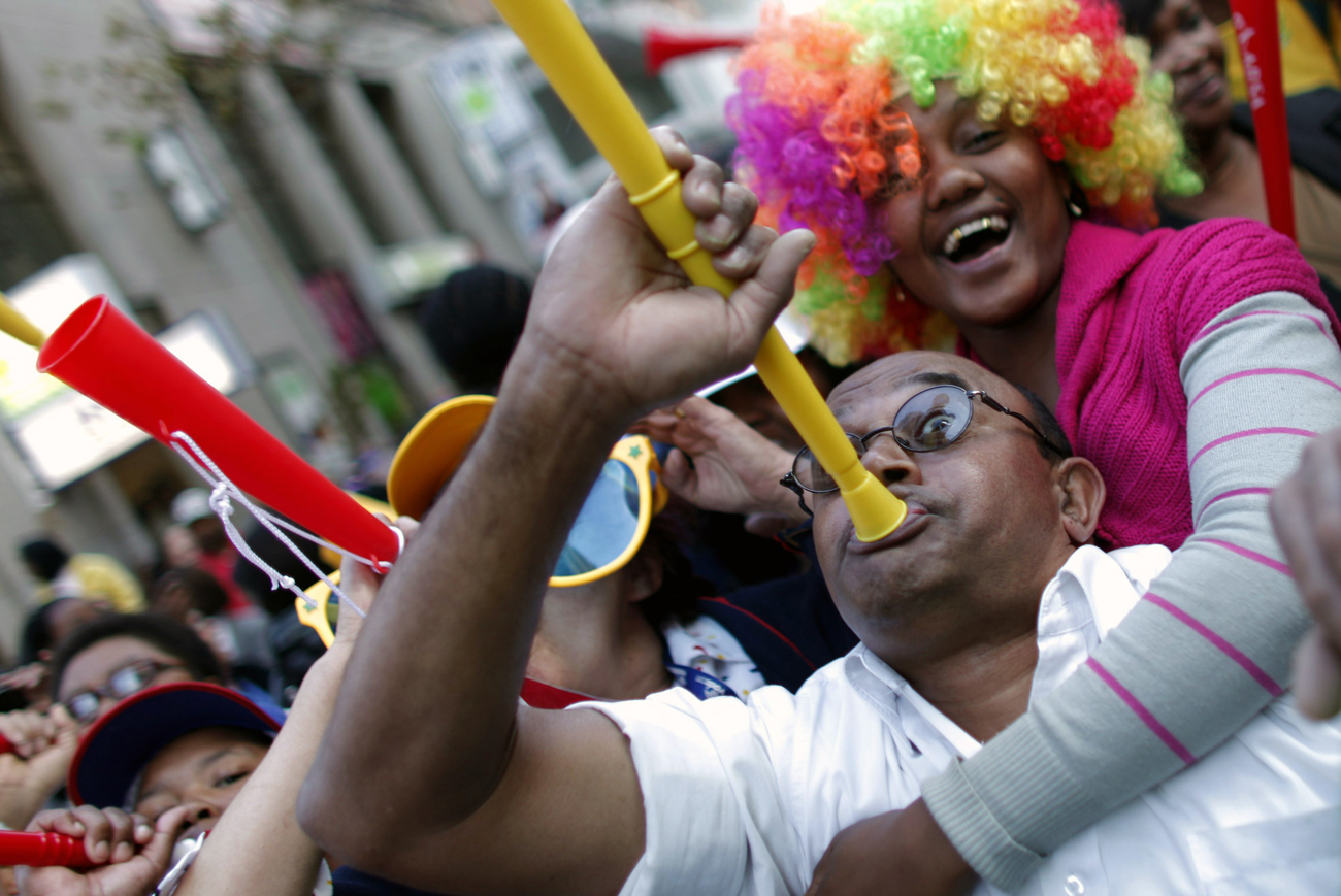 Cape Town residents blow vuvuzela horns in support of the South Africa soccer team, during a nationwide call for support in Cape Town