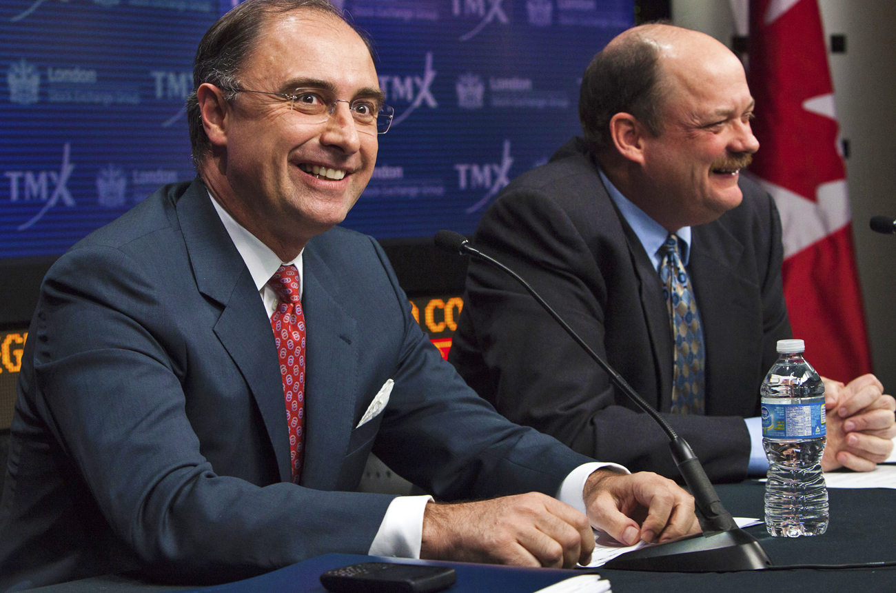 LSE CEO Xavier Rolet and TMX Group CEO Tom Kloet speak at a news conference in Toronto