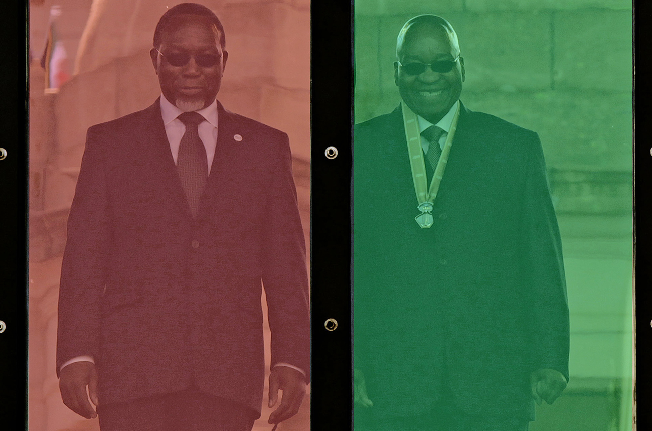 Outgoing South African President Kgalema Motlanthe and incoming President Jacob Zuma watch a flypast during Zuma's inauguration at the Union Buildings in Pretoria