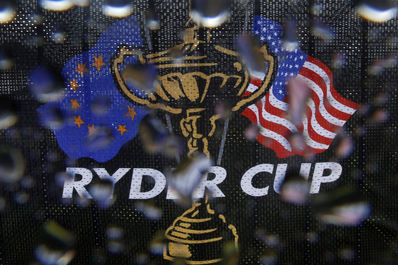 A Ryder cup logo is seen through a rain covered lens during a suspension in play on the first day of the 2010 Ryder Cup at Celtic Manor in Newport, south Wales