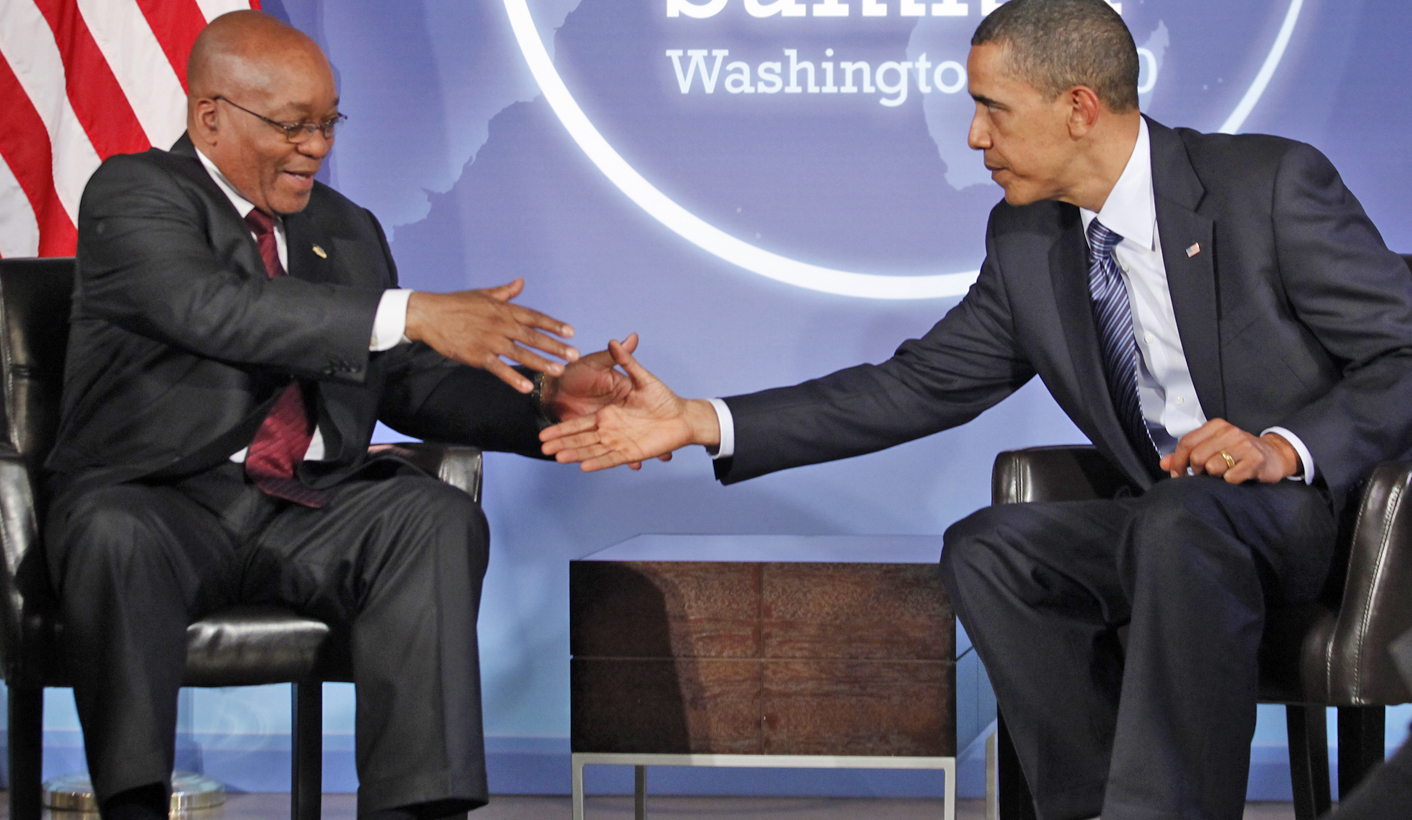 U.S. President Obama shakes hands with South African President Zuma during their meeting at Blair House in Washington