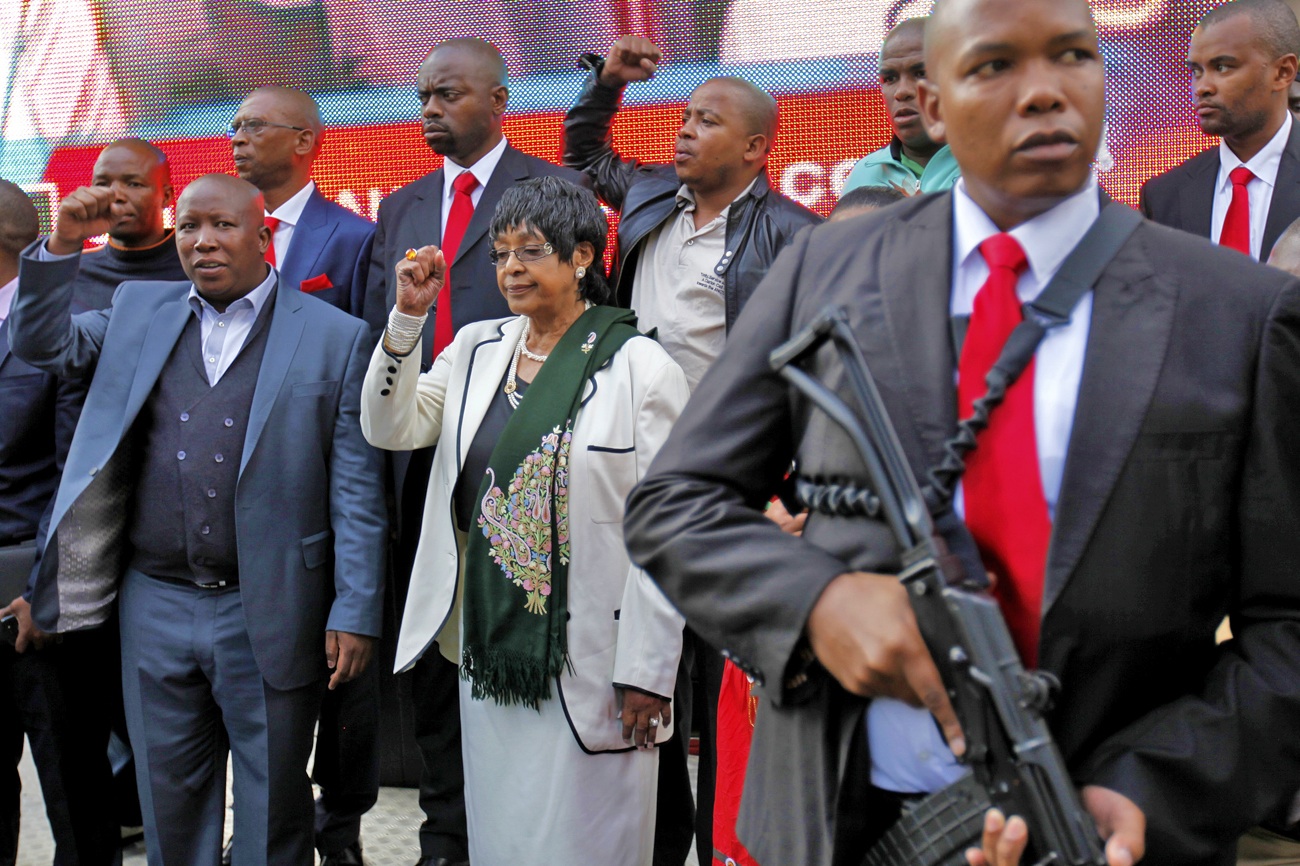 ANCYL President Malema gestures during his appearance at the Johannesburg court