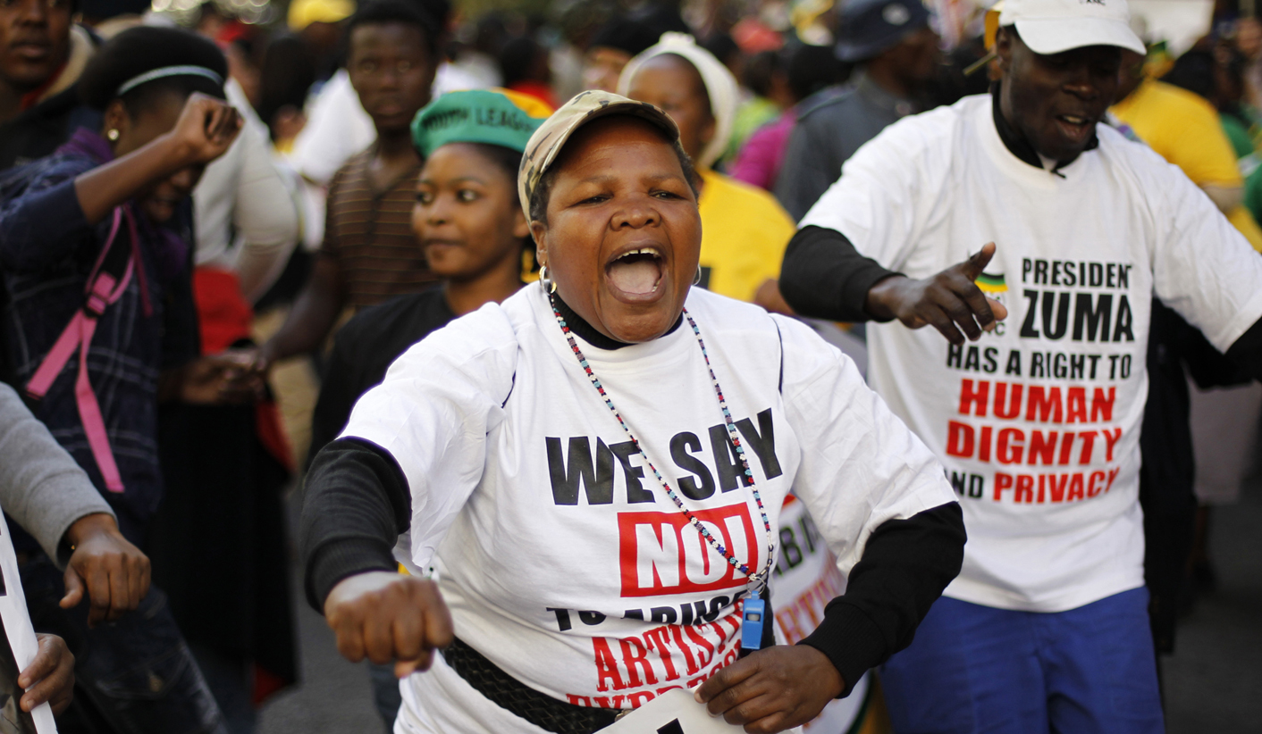 Supporters of the ruling ANC party demonstrate against the showing of a painting, in Johannesburg