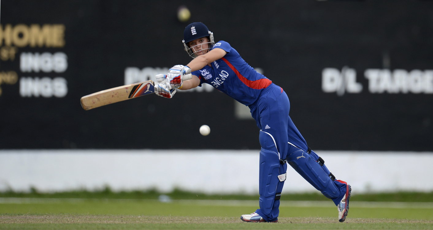 England's Taylor hits out during their ICC Women's World Twenty20 cricket warm-up match against South Africa in Colombo