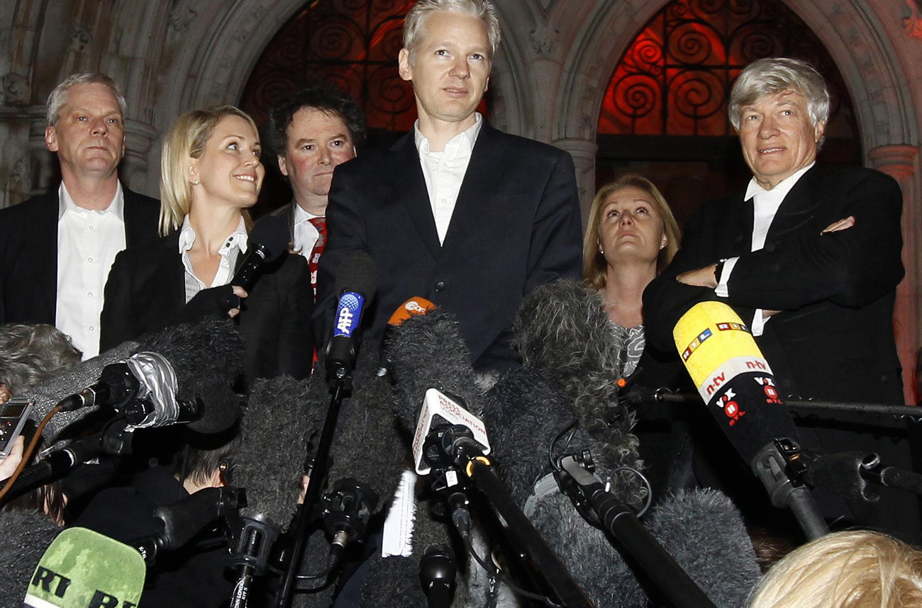 WikiLeaks founder Julian Assange speaks to the media on the steps of the High Court, in London