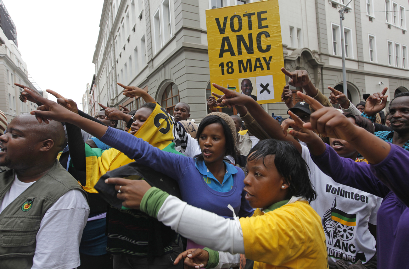 Supporters of the ruling African National Congress demonstrate against the opposition Democratic Alliance in Cape Town