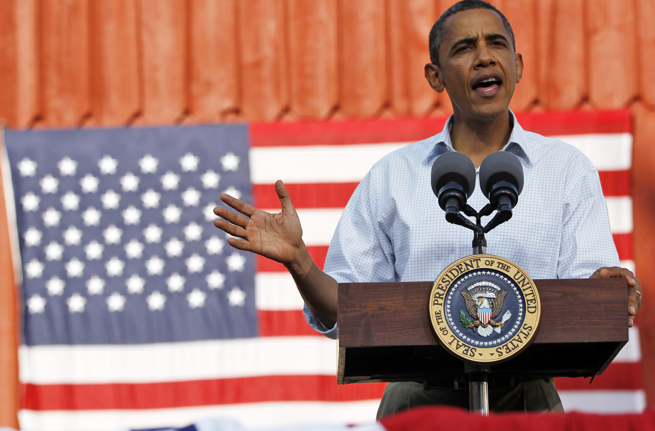 U.S. President Obama speaks during a town hall-style event in Decorah