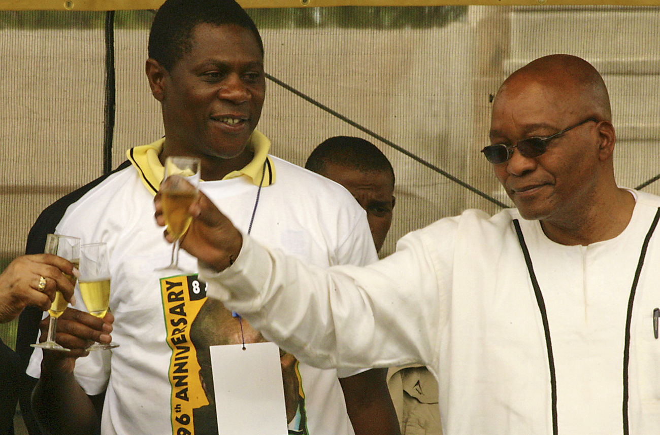 Winnie Madikizela Mandela and Jacob Zuma toast as Paul Mashatile looks on during the ANC 96th Anniversary in Atteridgeville