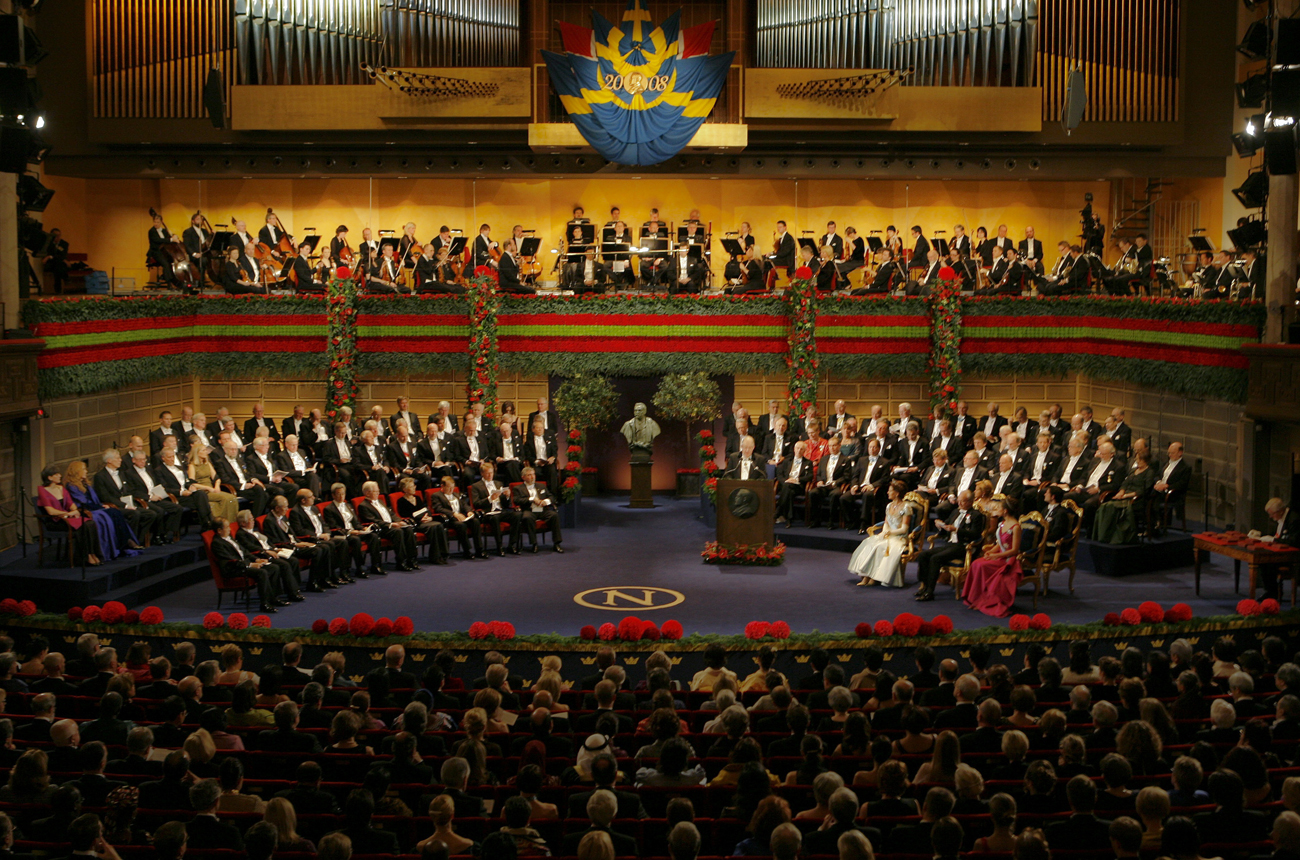 A general view of the Nobel award ceremony in the Concert Hall of Stockholm