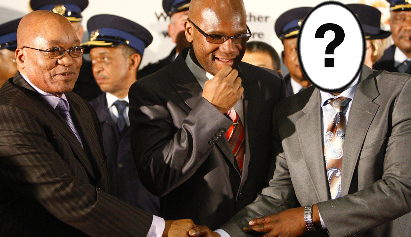 Newly appointed South African national police commissioner, Cele, is congratulated by South African President Zuma as Safety and Security Minister Mthethwa looks on in Pretoria