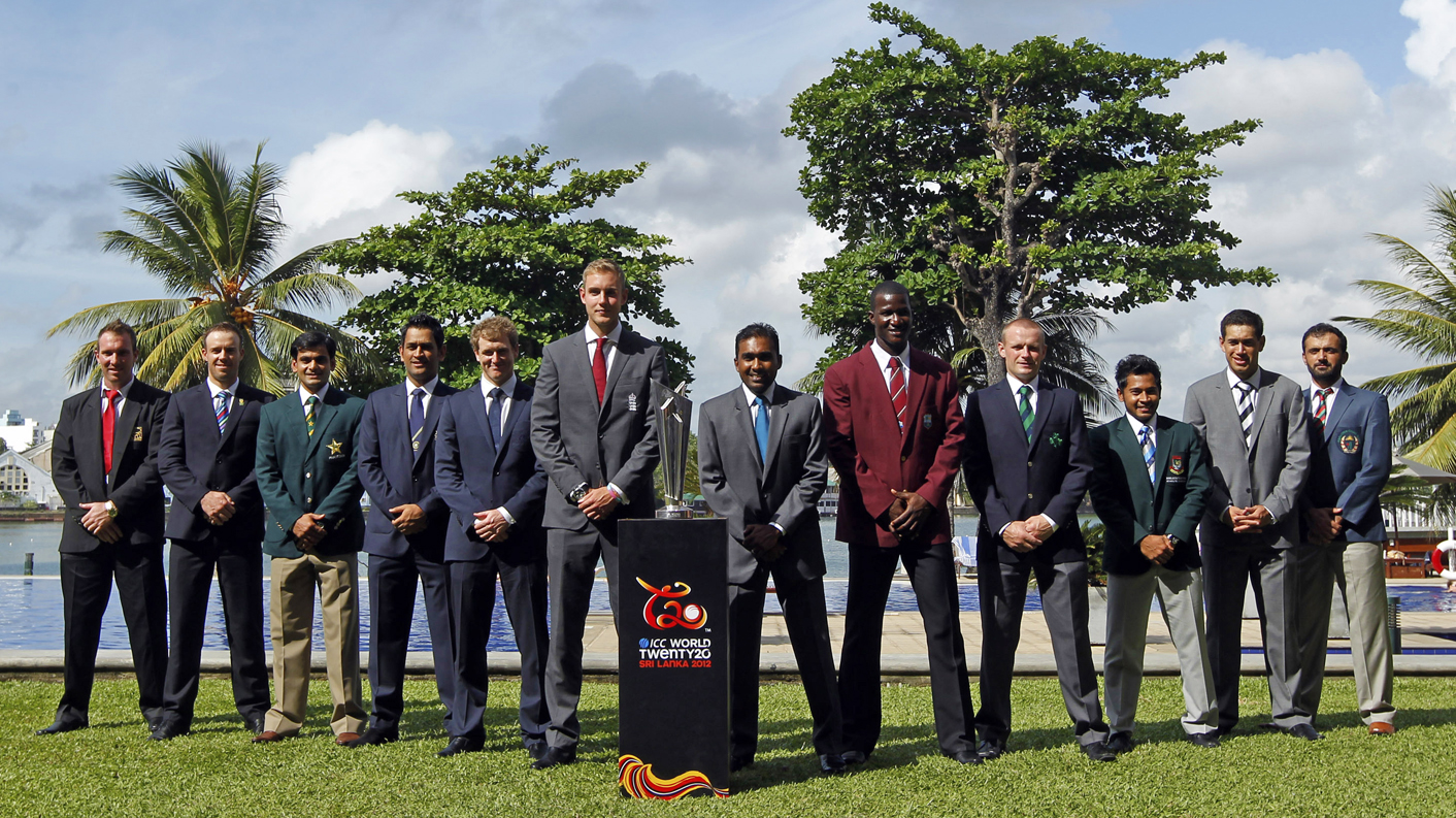 Cricket captains from various countries pose with the trophy during an official World Twenty 20 captains photograph in Colombo