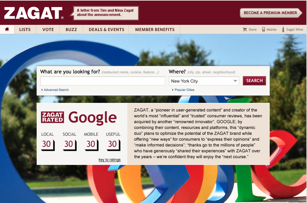 Google acquires restaurant rating site Zagat