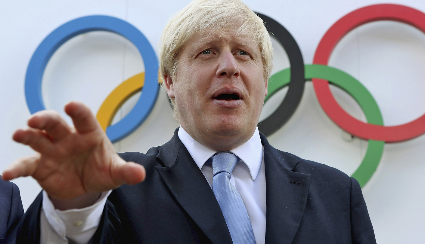 Mayor of London, Boris Johnson, speaks during his visit to the 2012 Olympic Park and Olympic Village in London